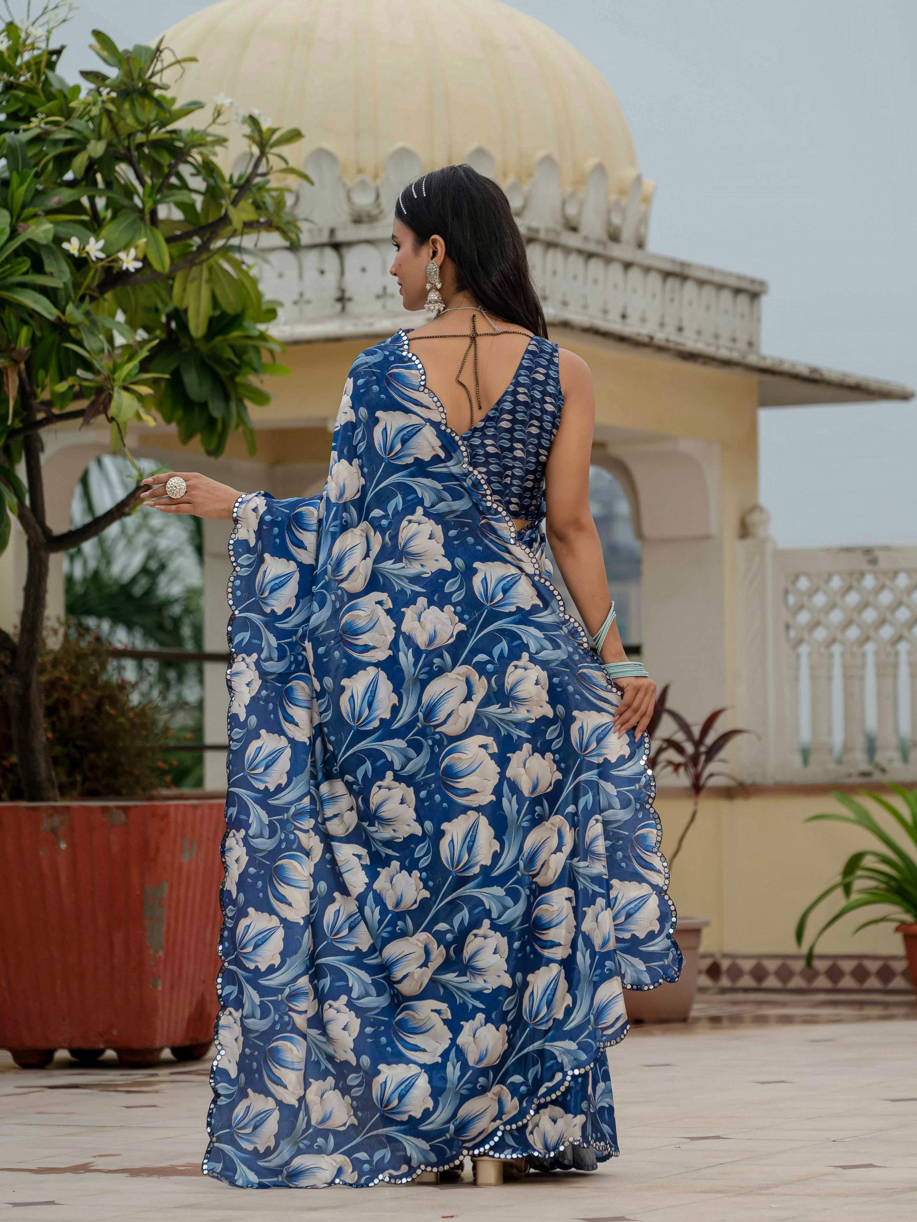 Royal Blue Chinon Digital Print Saree with Mirror Work