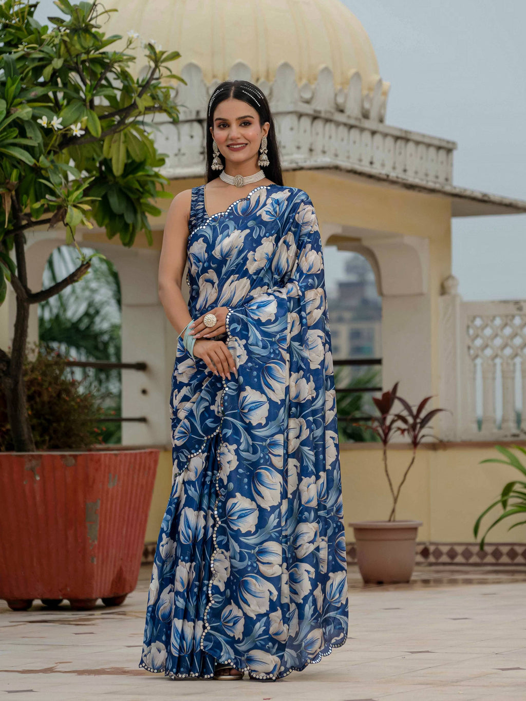 Royal Blue Chinon saree with digital print and mirror work