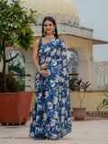 Royal Blue Chinon saree with digital print and mirror work