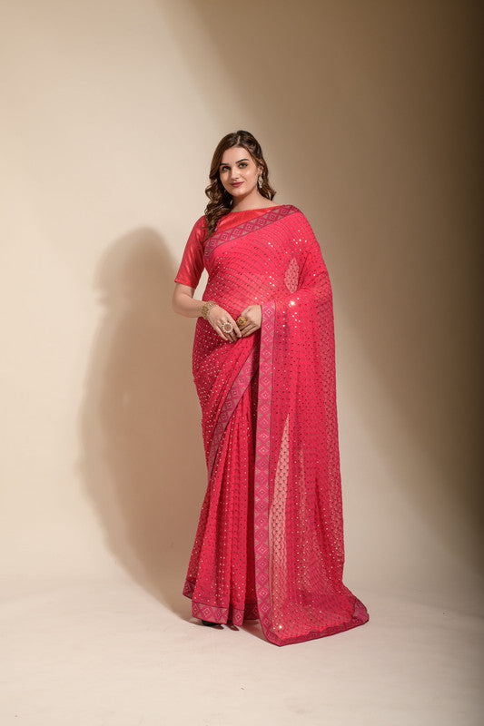 Pink georgette saree featuring detailed sequence embroidery and matching blouse