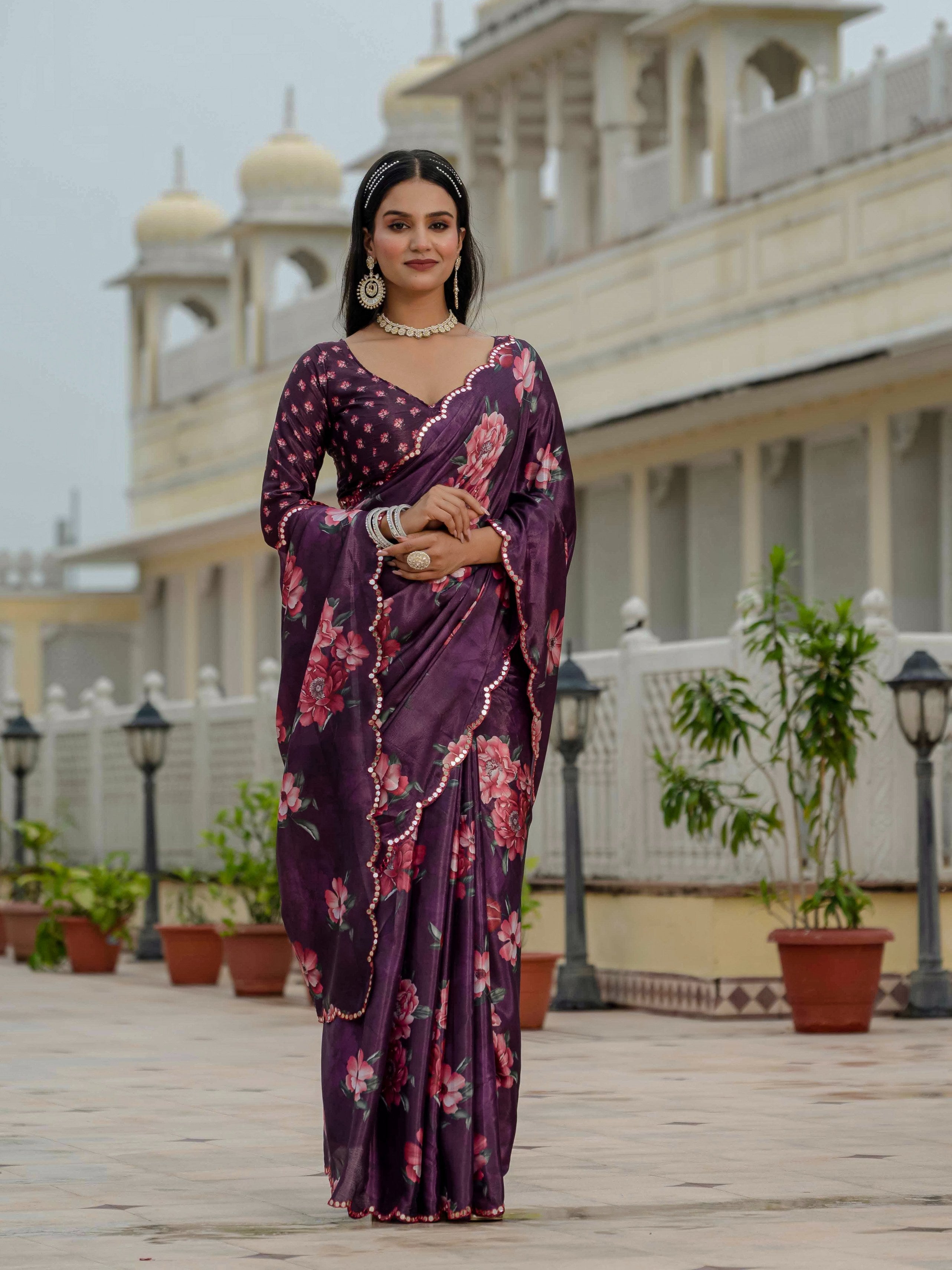 Wine Chinon Digital Print Saree with Mirror Work