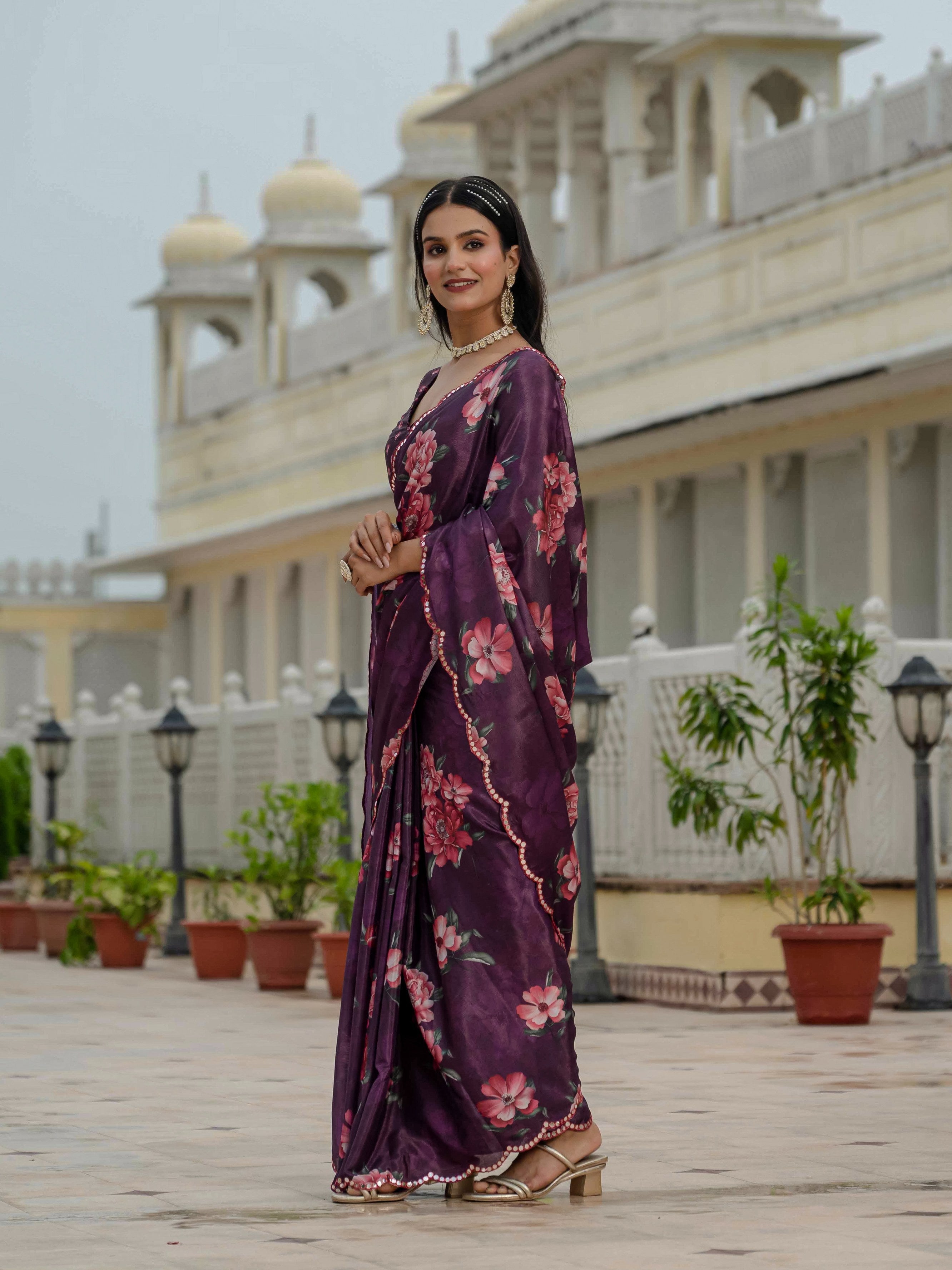 Wine Chinon Digital Print Saree with Mirror Work