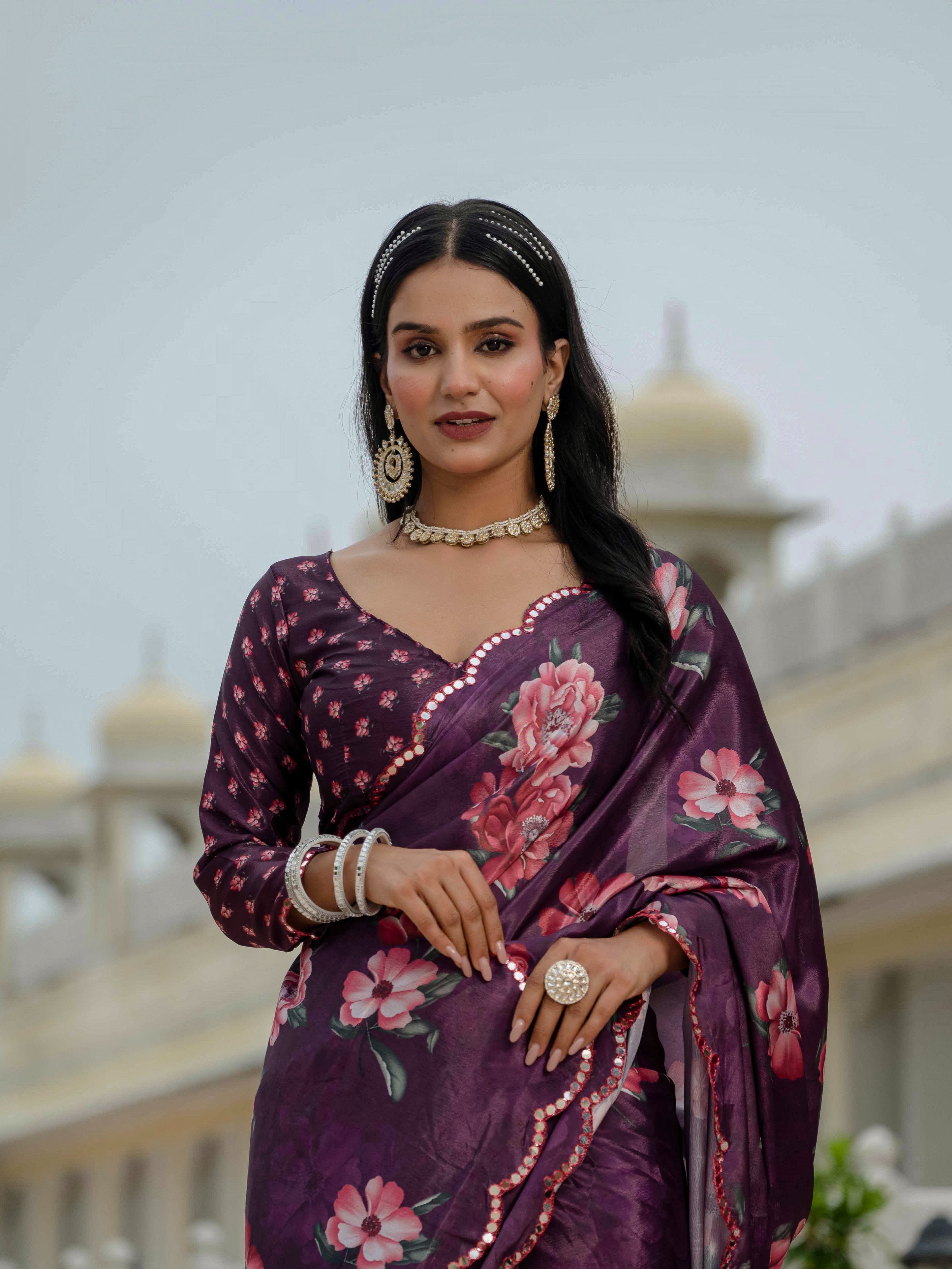 Wine Chinon Digital Print Saree with Mirror Work