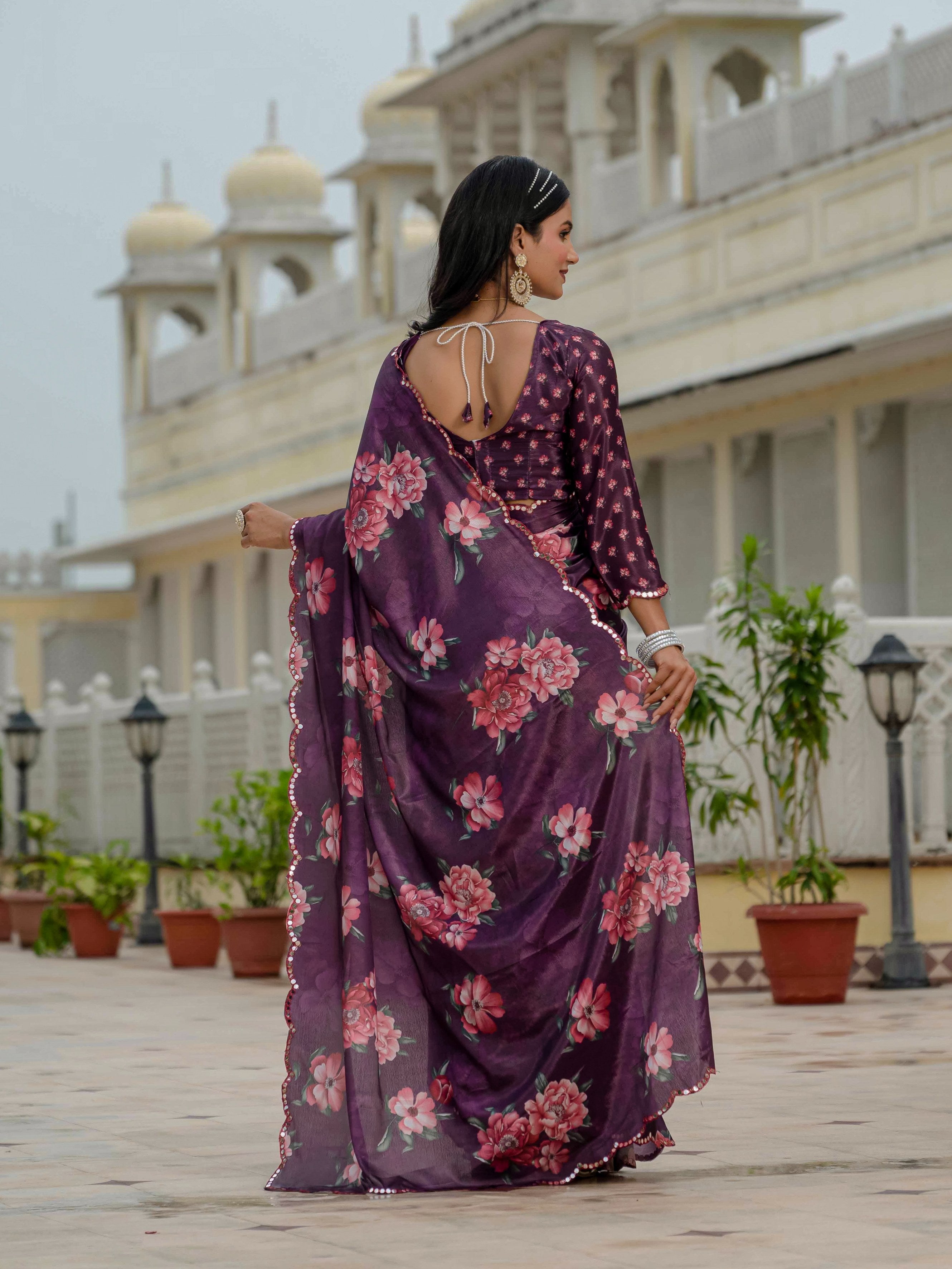 Wine Chinon Digital Print Saree with Mirror Work