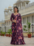 Elegant wine-colored Chinon saree with digital print and mirror work embellishments.