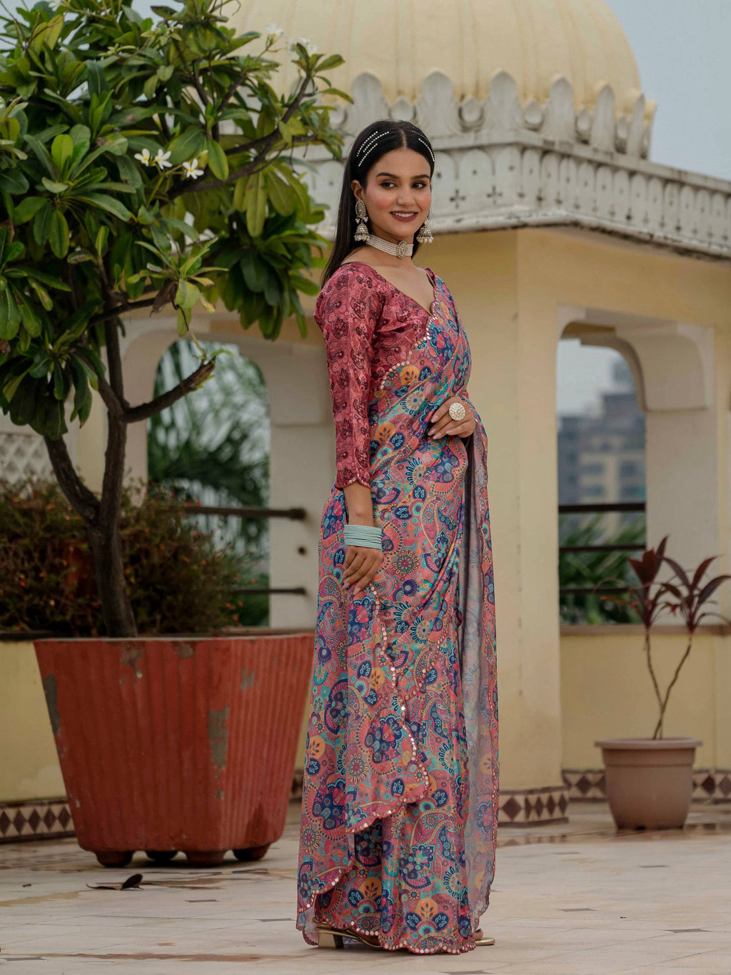 Multicolor Chinon saree with digital print and mirror work details