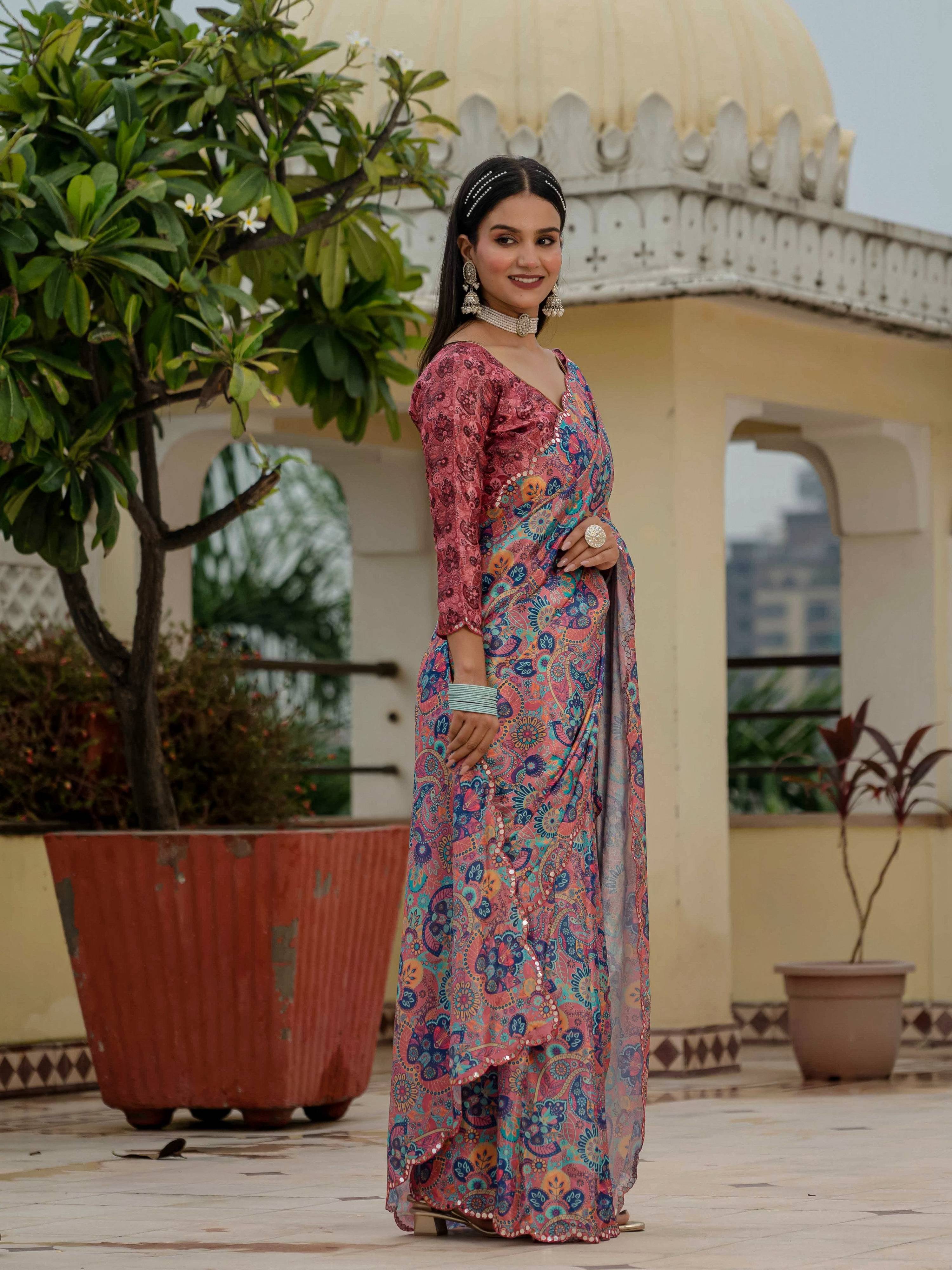 Multicolor Chinon saree with digital print and mirror work details