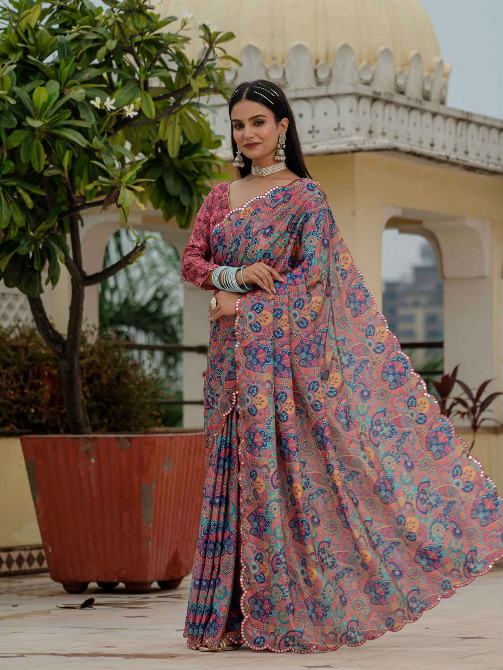 Multicolor Chinon Digital Print Saree with Mirror Work