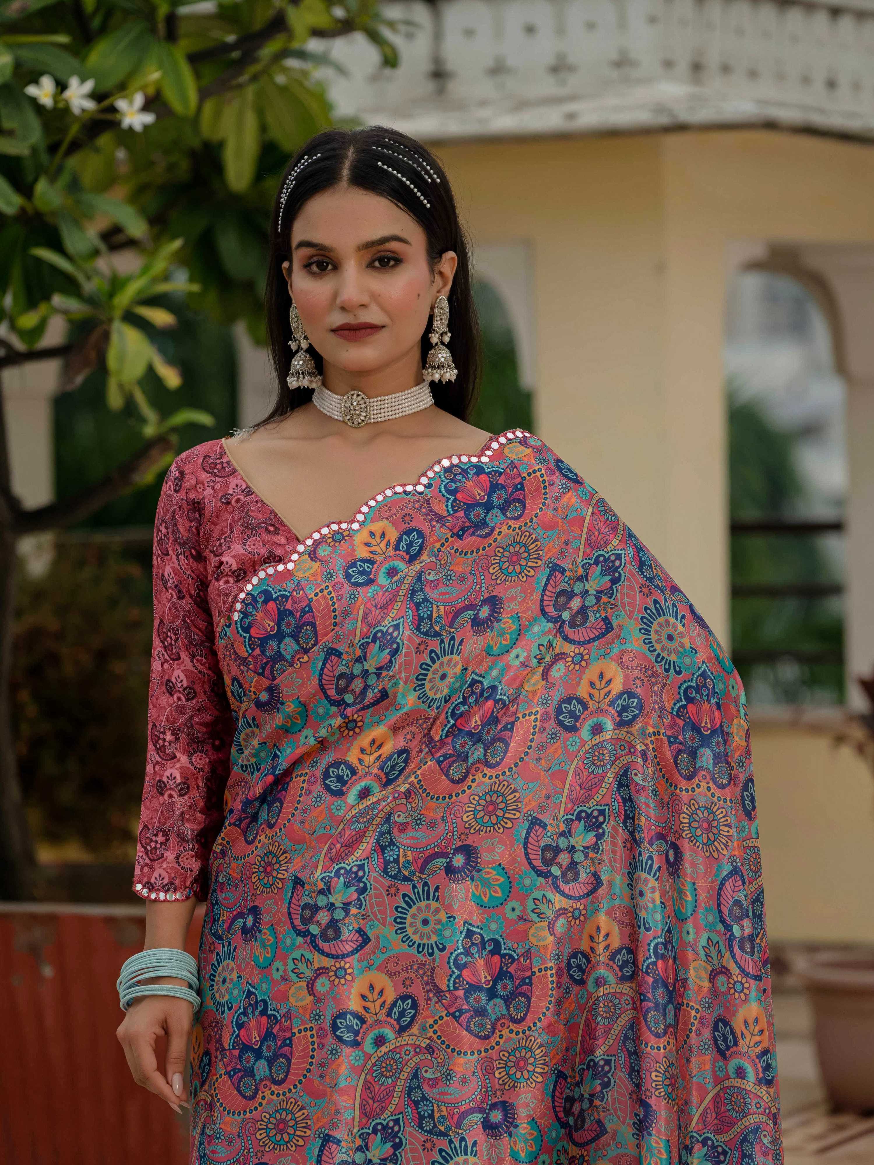 Multicolor Chinon Digital Print Saree with Mirror Work