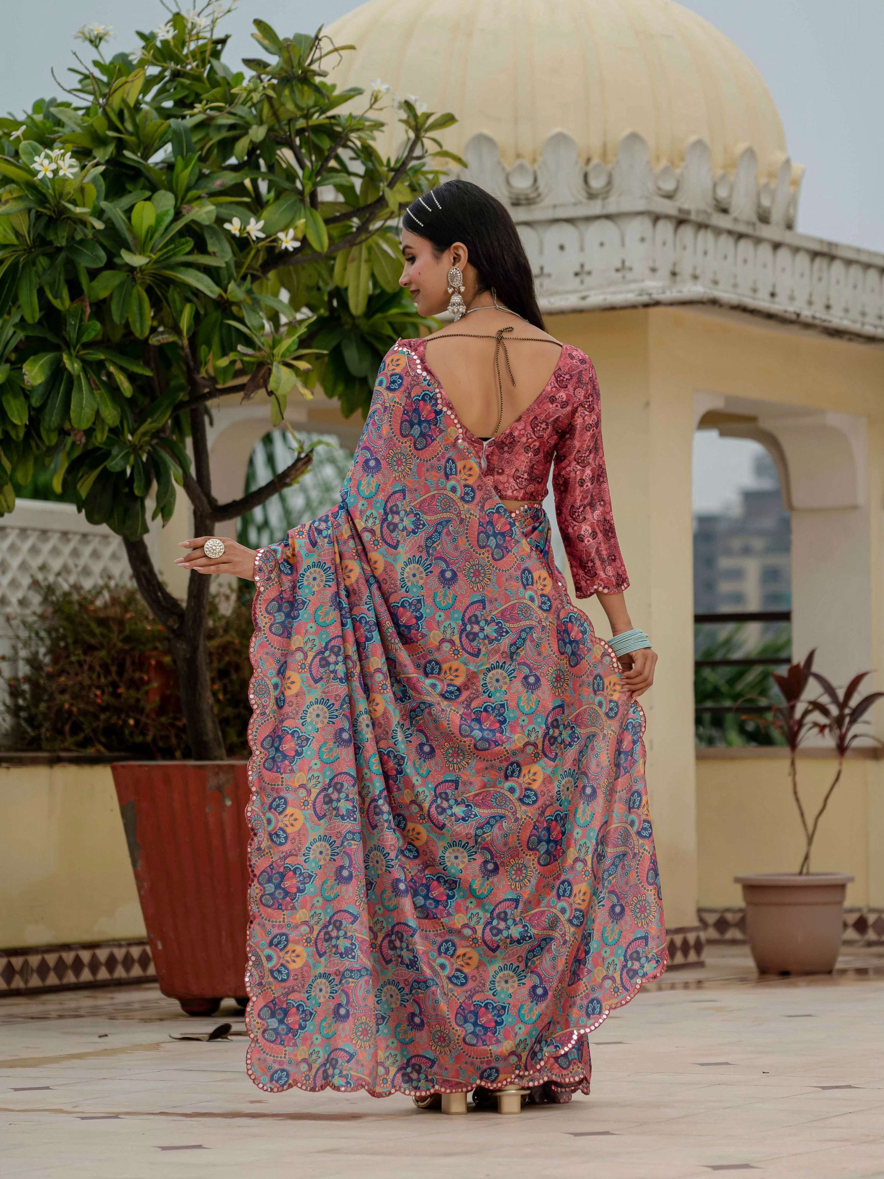 Multicolor Chinon Digital Print Saree with Mirror Work