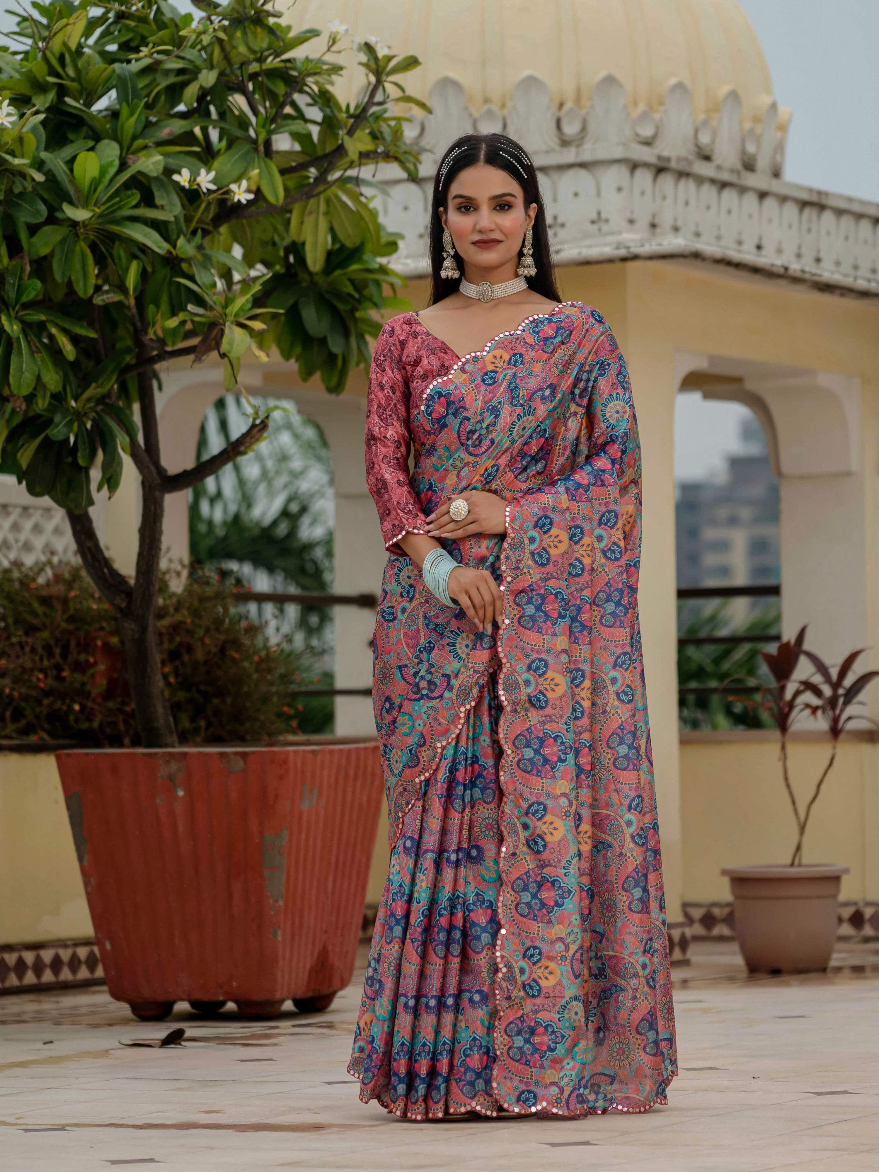 Multicolor Chinon Digital Print Saree with Mirror Work