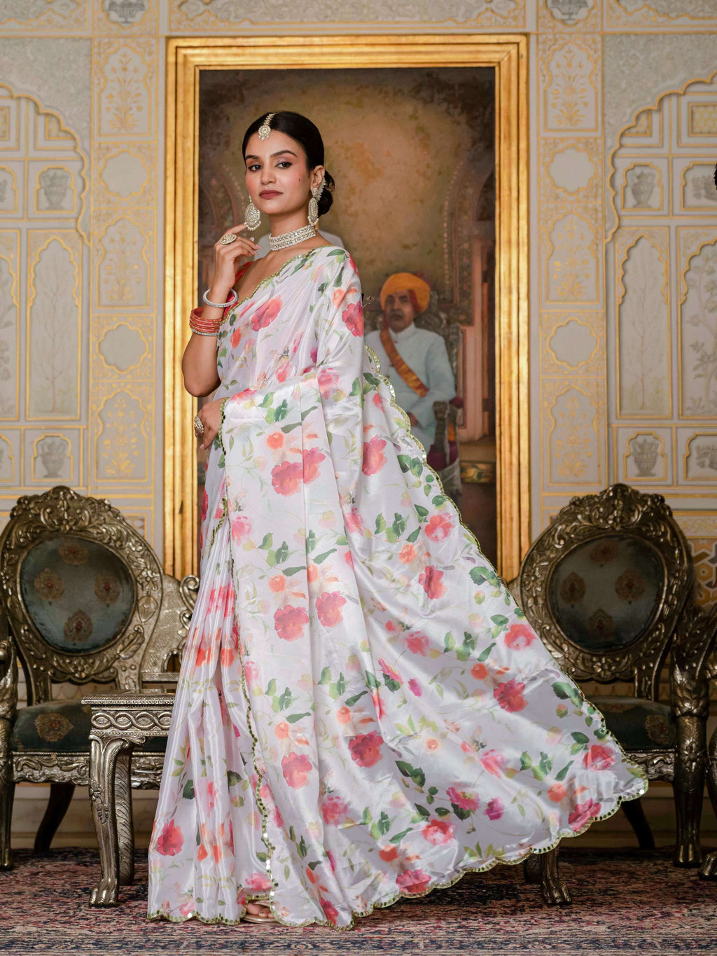 White Chinon Digital Print Mirror Work Saree with Blouse