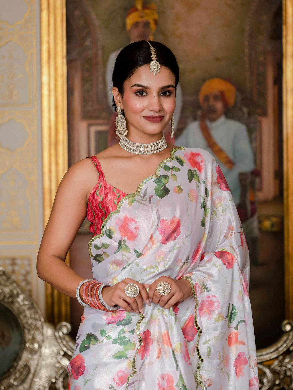 White Chinon Digital Print Mirror Work Saree with Blouse