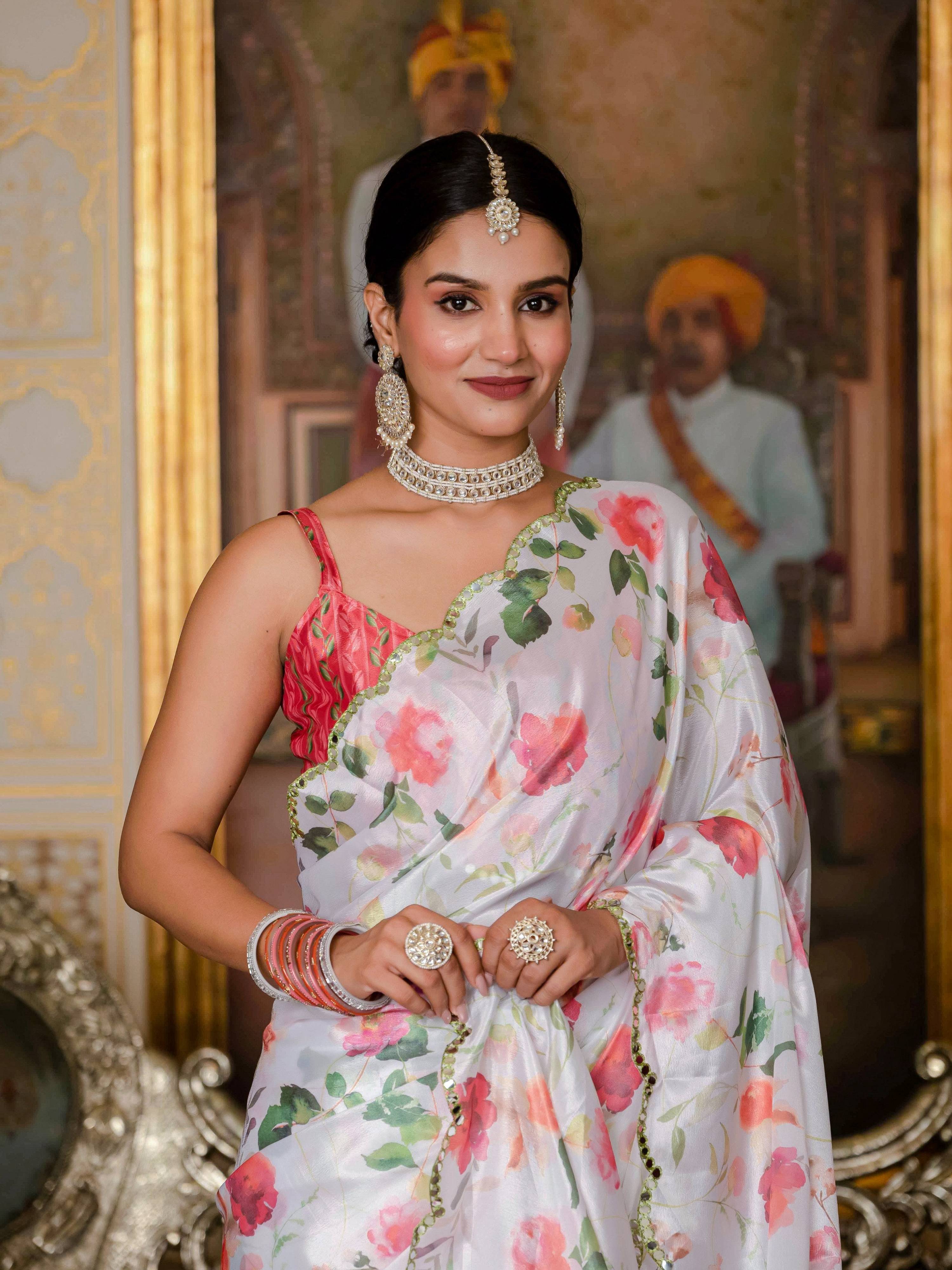 White Chinon Digital Print Mirror Work Saree with Blouse
