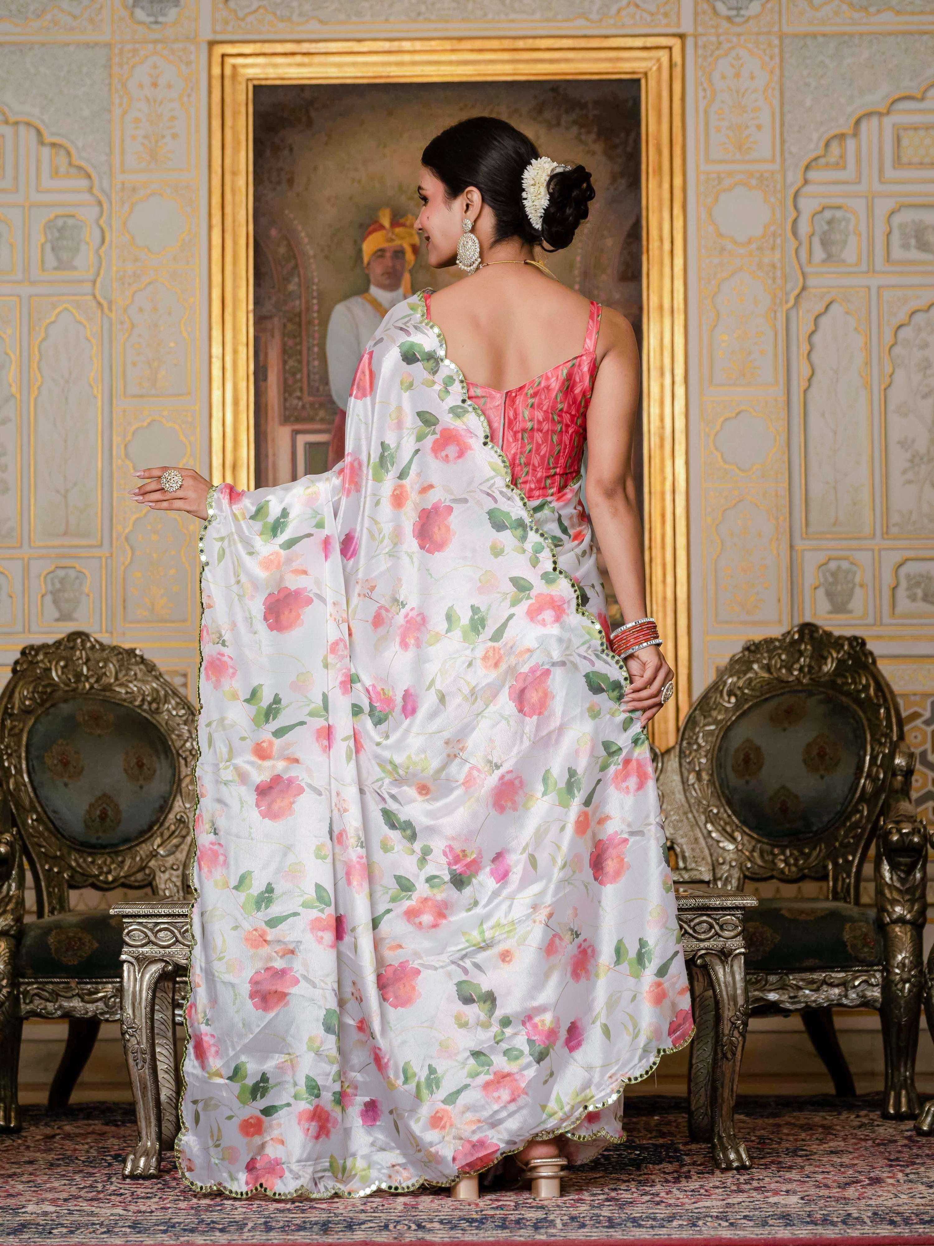 White Chinon Digital Print Mirror Work Saree with Blouse
