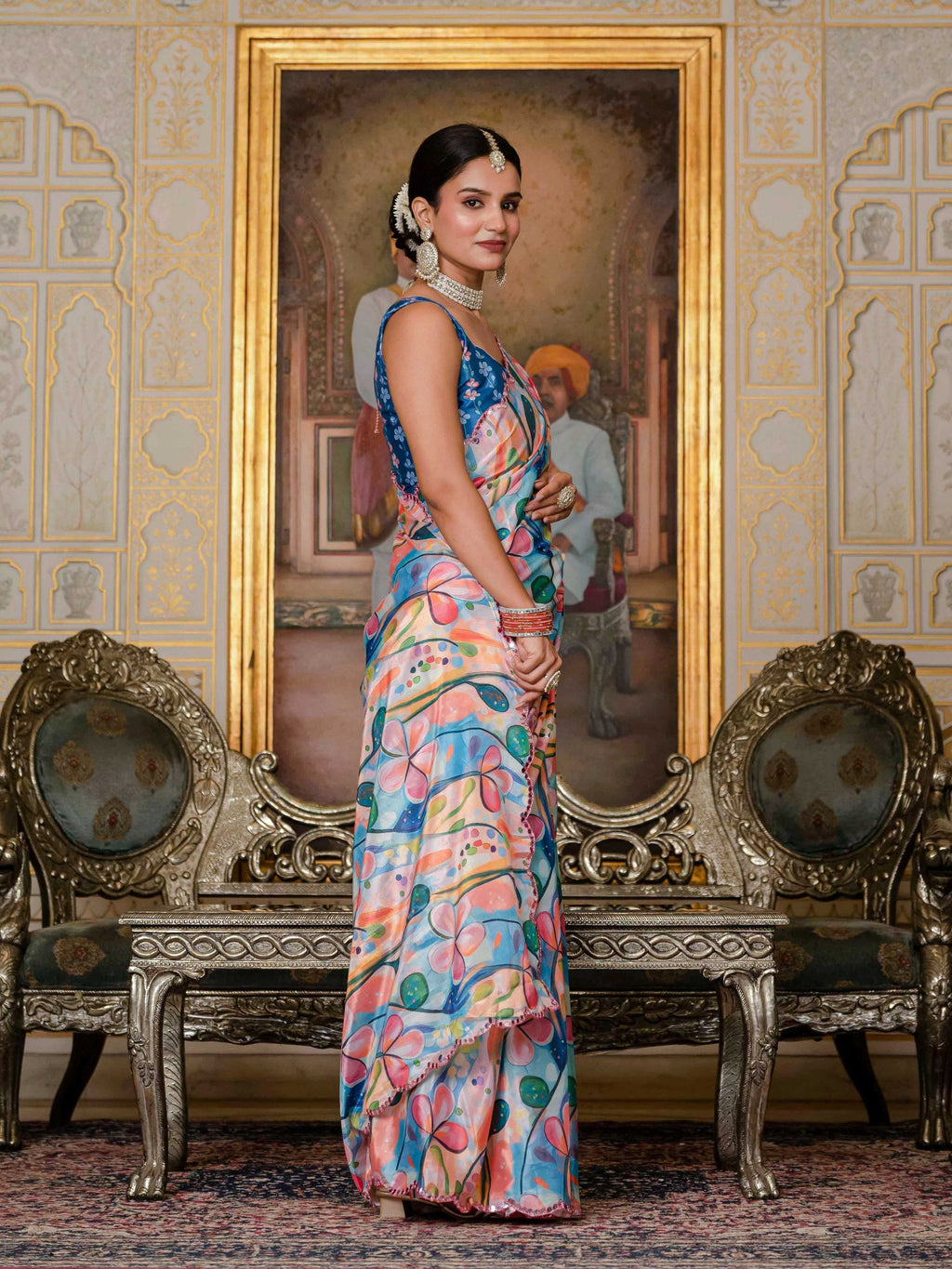 Multicolor Chinon Digital Print Saree with Mirror Work