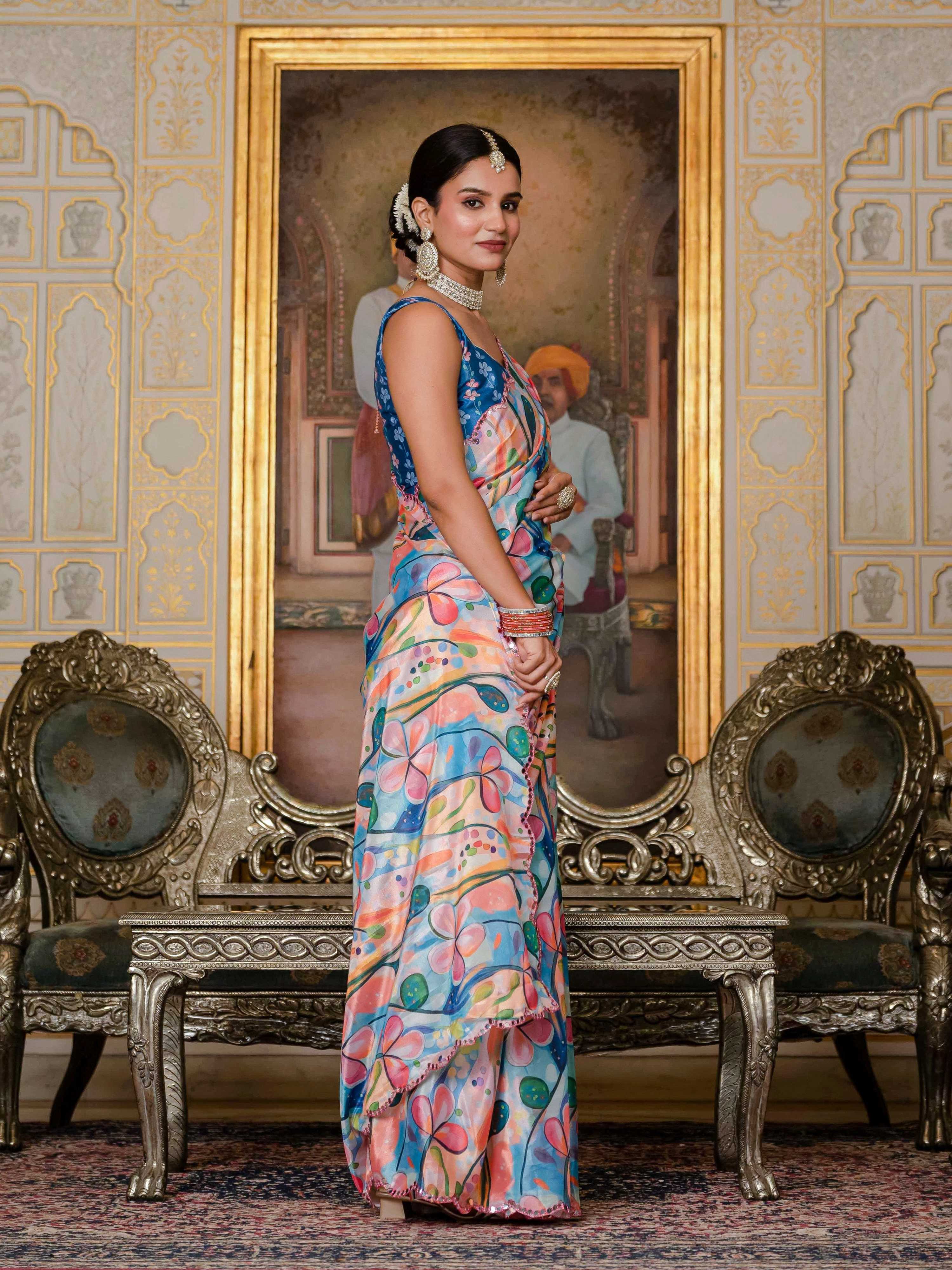Multicolor Chinon Digital Print Saree with Mirror Work