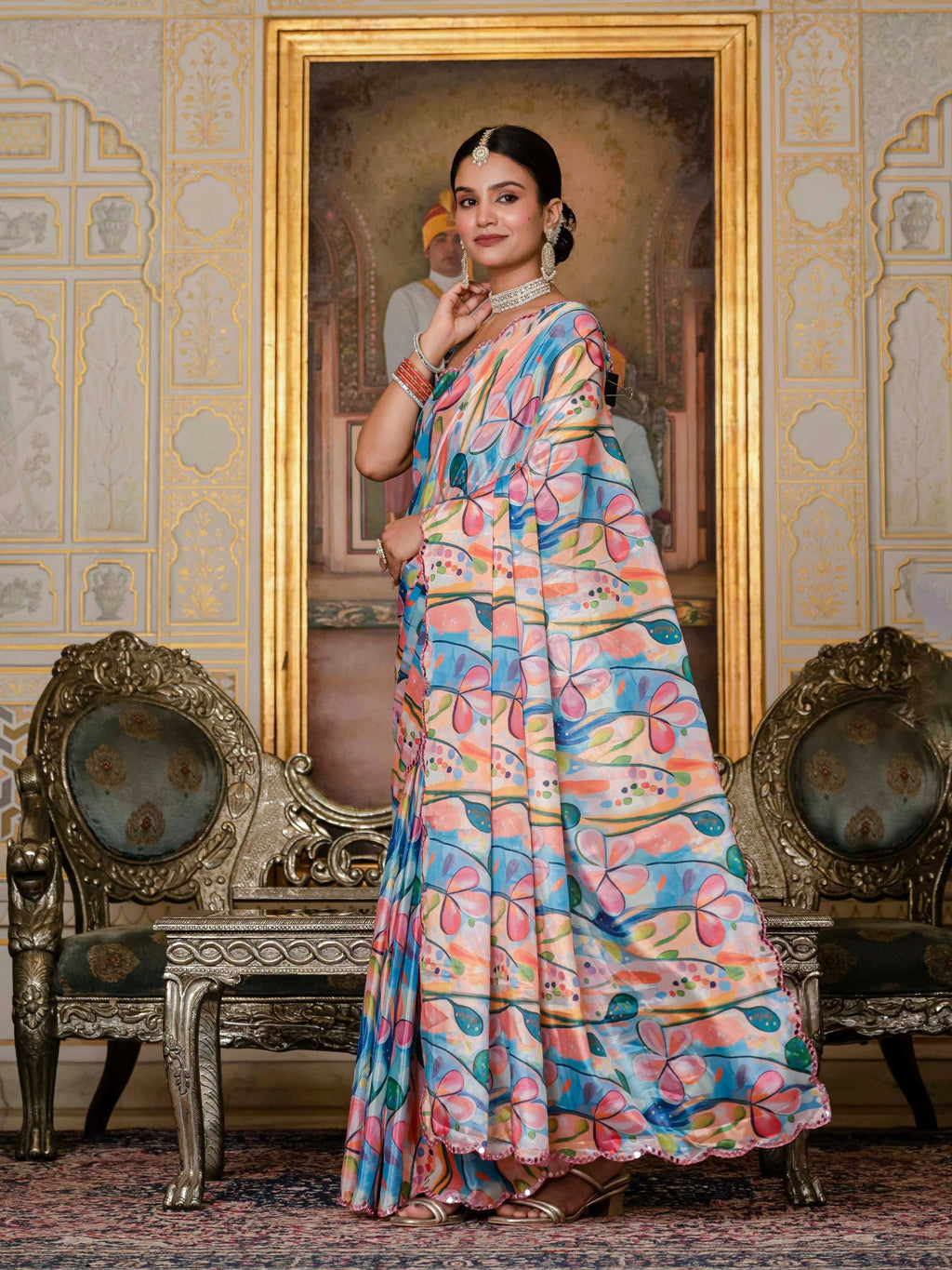 Multicolor Chinon saree with digital print and decorative mirror work.