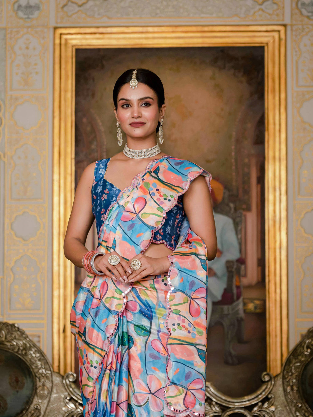 Multicolor Chinon Digital Print Saree with Mirror Work