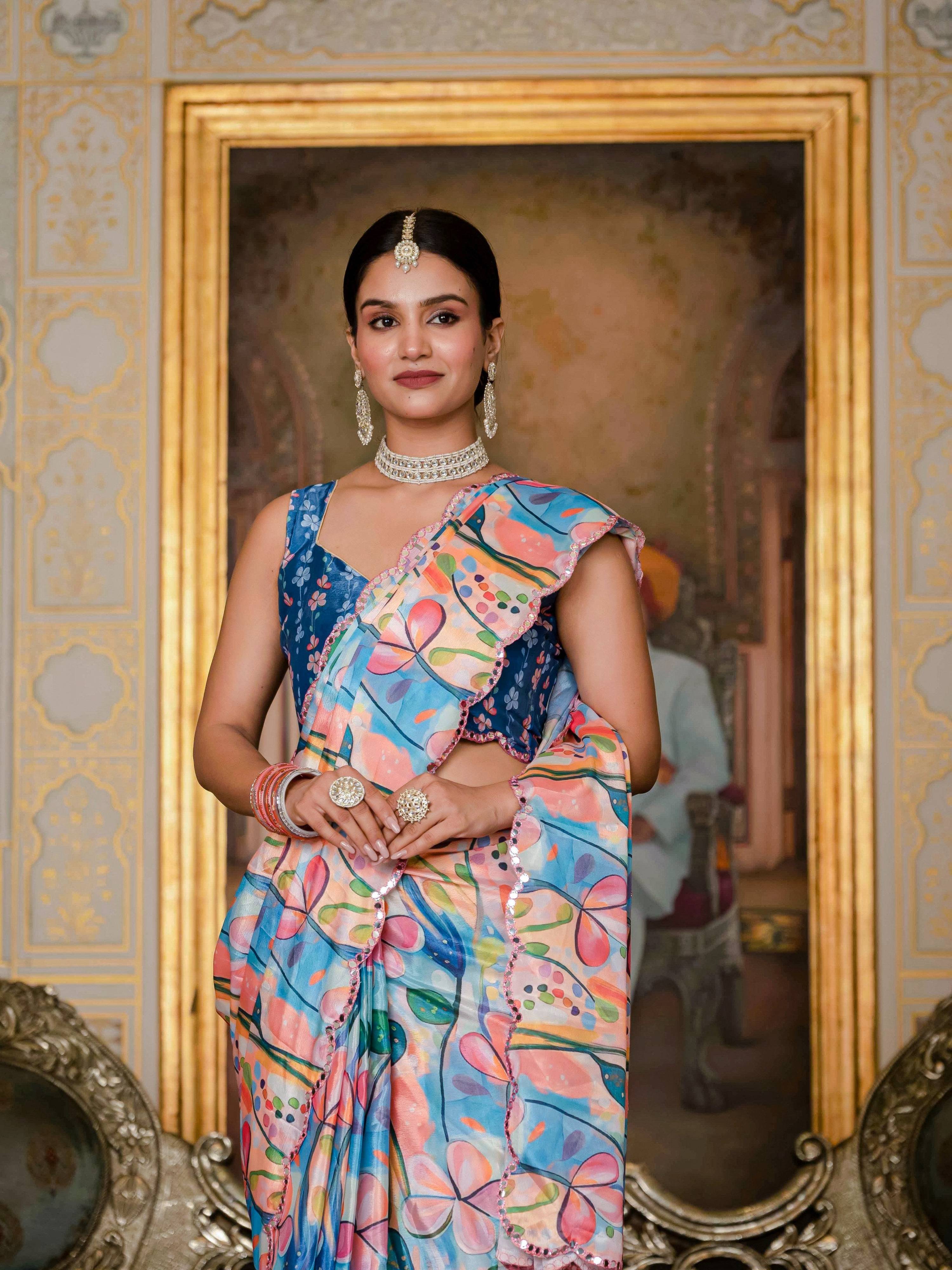 Multicolor Chinon Digital Print Saree with Mirror Work