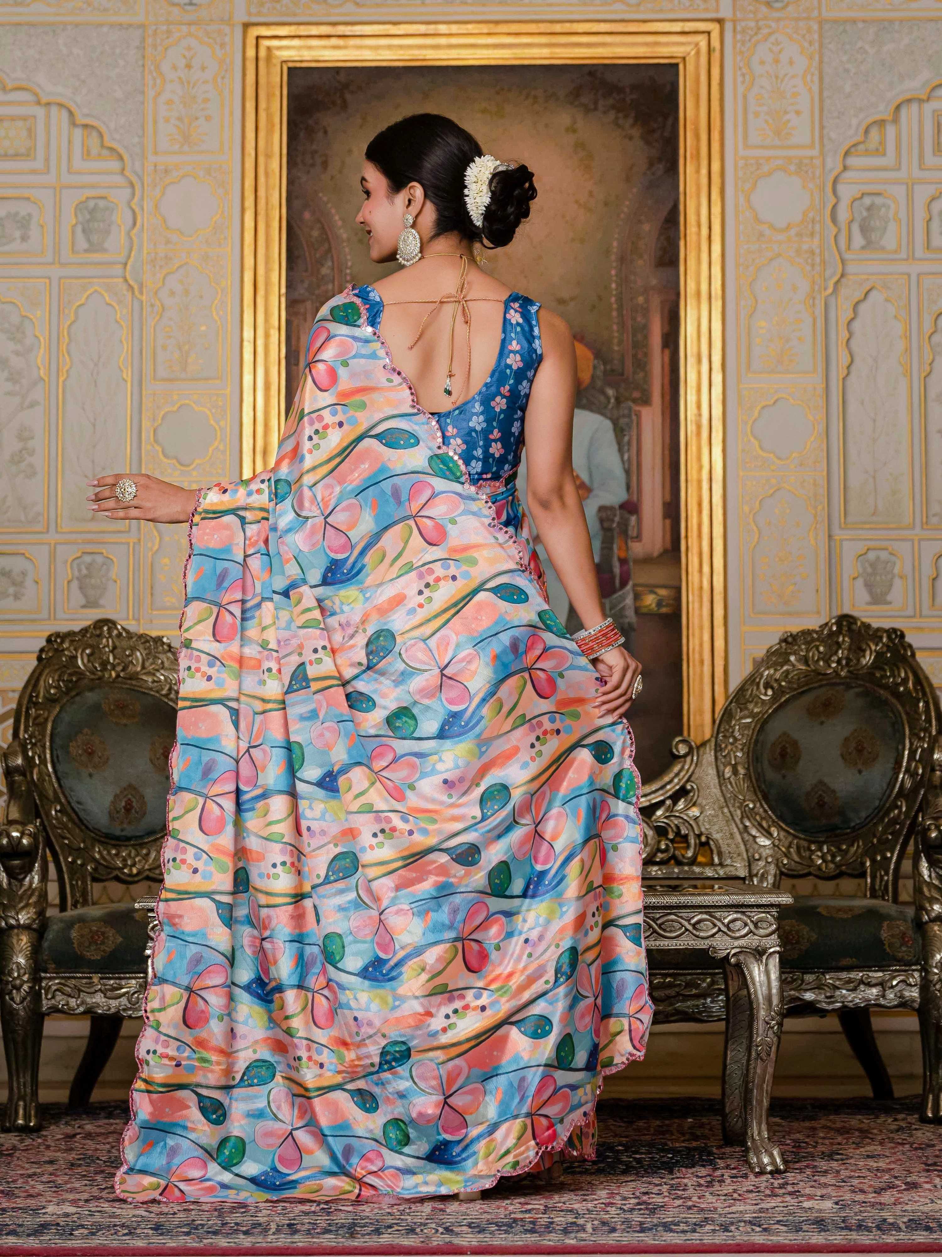 Multicolor Chinon Digital Print Saree with Mirror Work