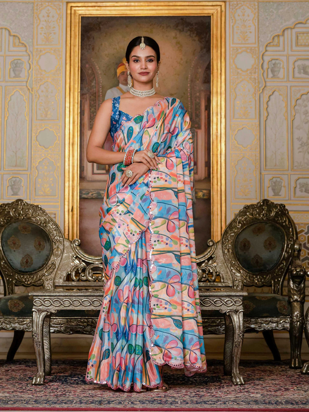 Multicolor Chinon Digital Print Saree with Mirror Work