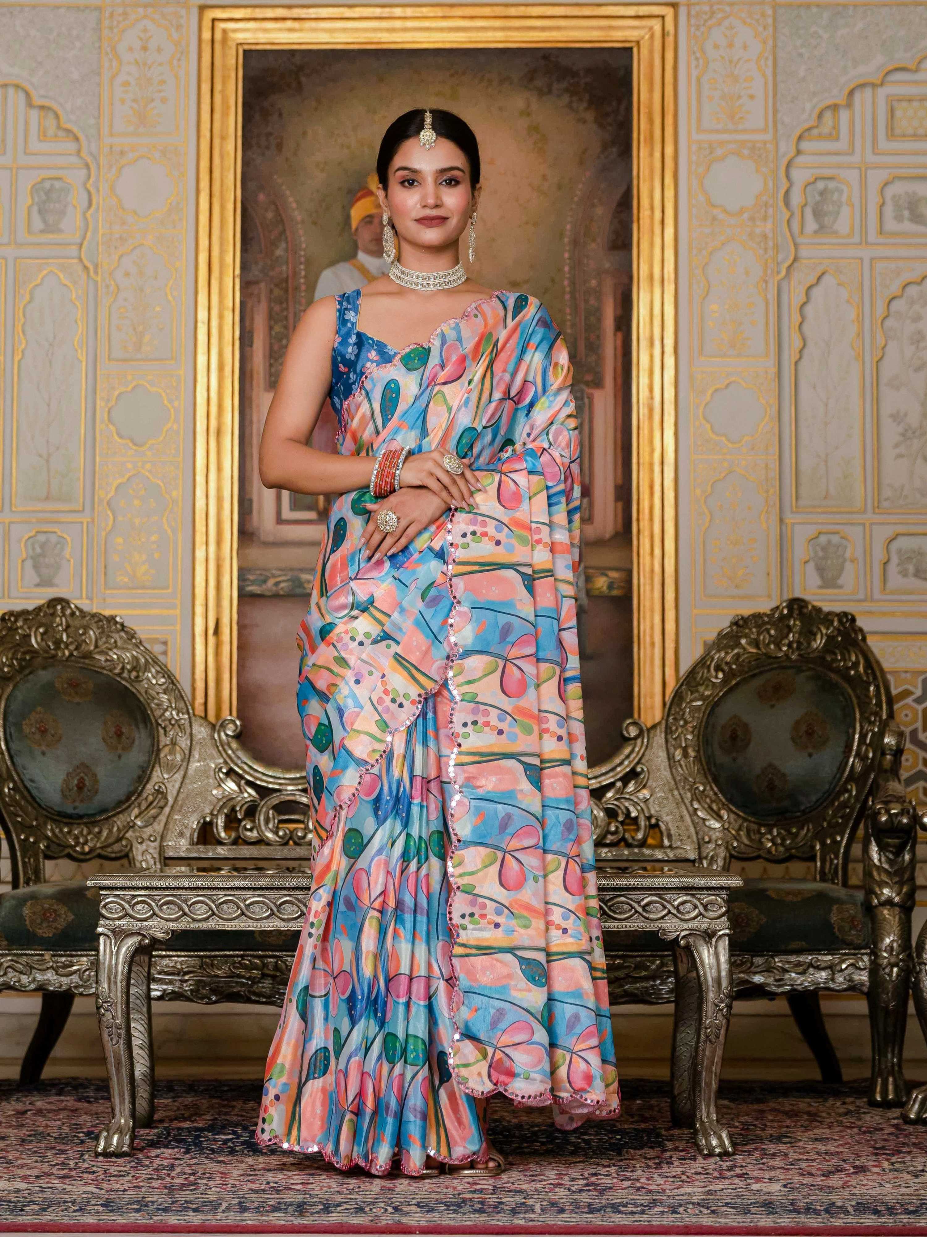Multicolor Chinon Digital Print Saree with Mirror Work