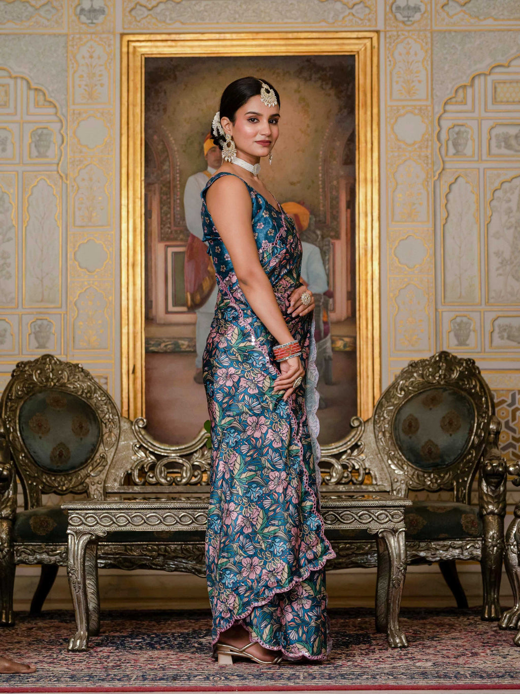 Women's Morpich Chinon Digital Print Saree with Mirror Work Blouse