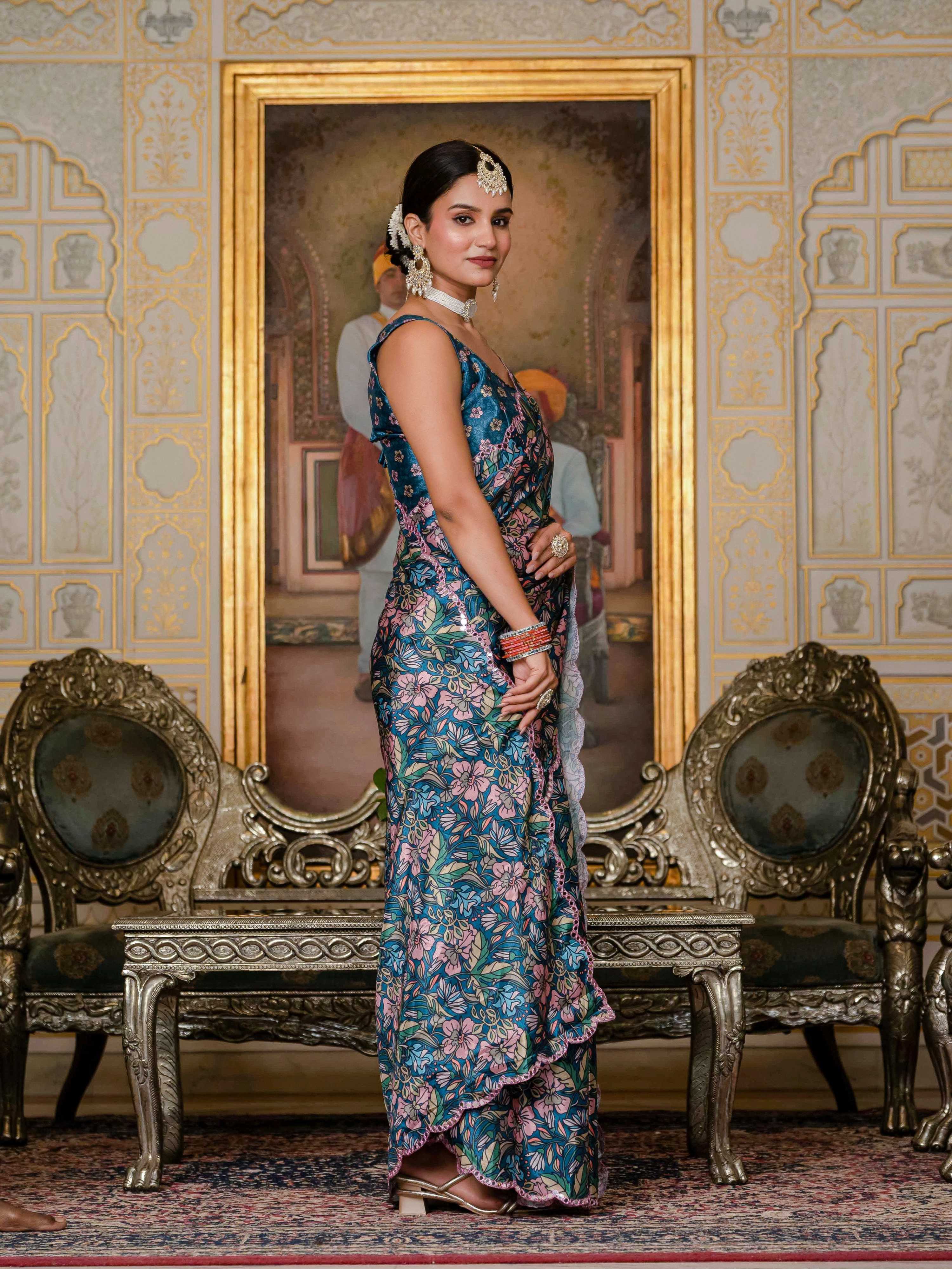 Women's Morpich Chinon Digital Print Saree with Mirror Work Blouse