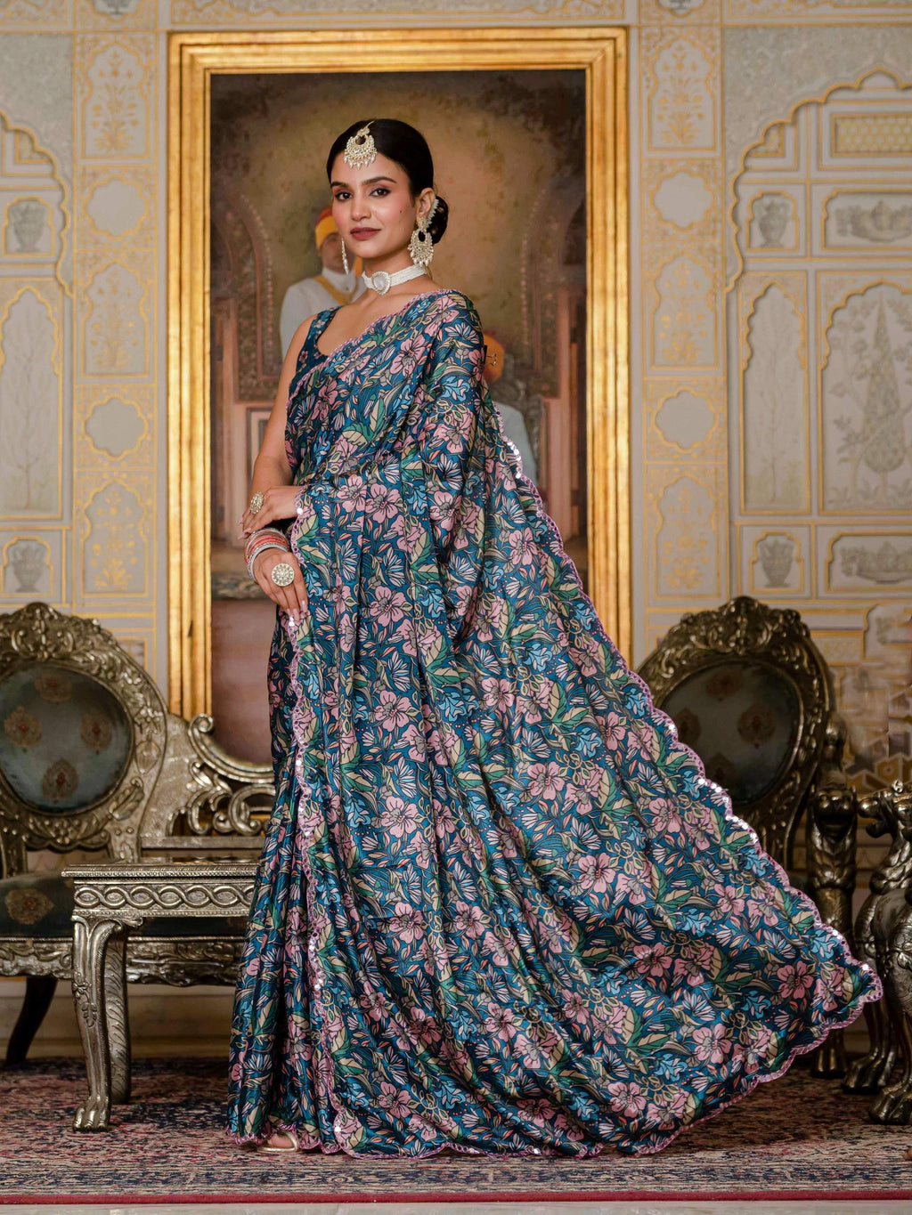 Morpich Chinon saree with digital print and mirror work details paired with matching blouse