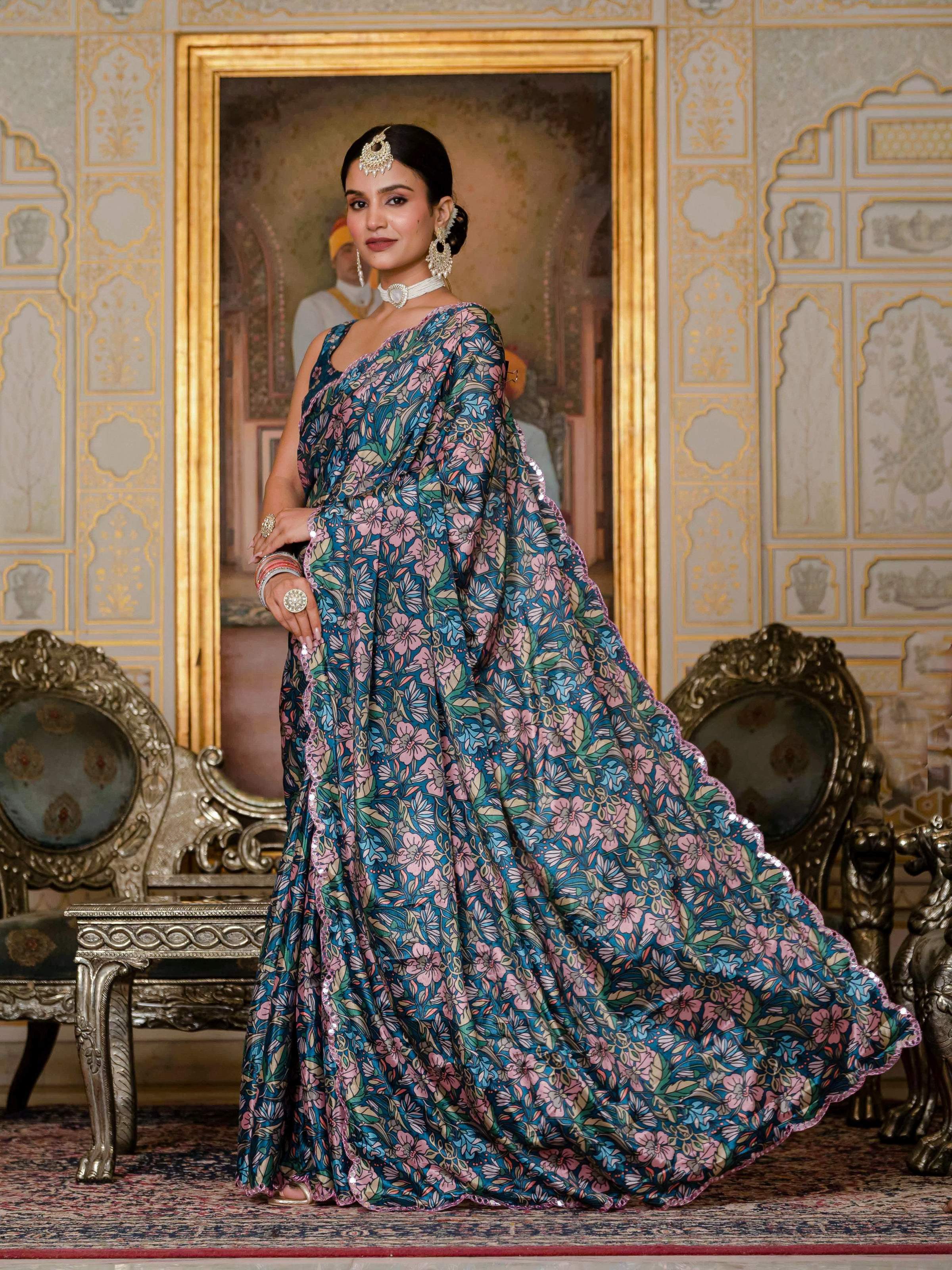 Morpich Chinon saree with digital print and mirror work details paired with matching blouse