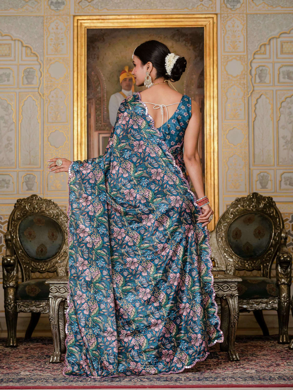 Women's Morpich Chinon Digital Print Saree with Mirror Work Blouse