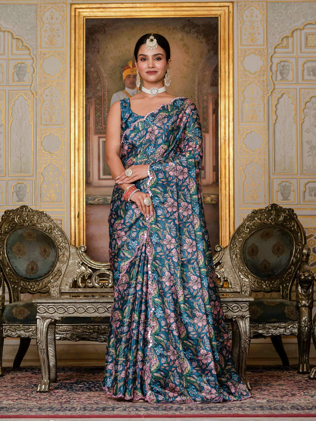Women's Morpich Chinon Digital Print Saree with Mirror Work Blouse