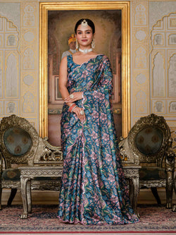 Women's Morpich Chinon Digital Print Saree with Mirror Work Blouse