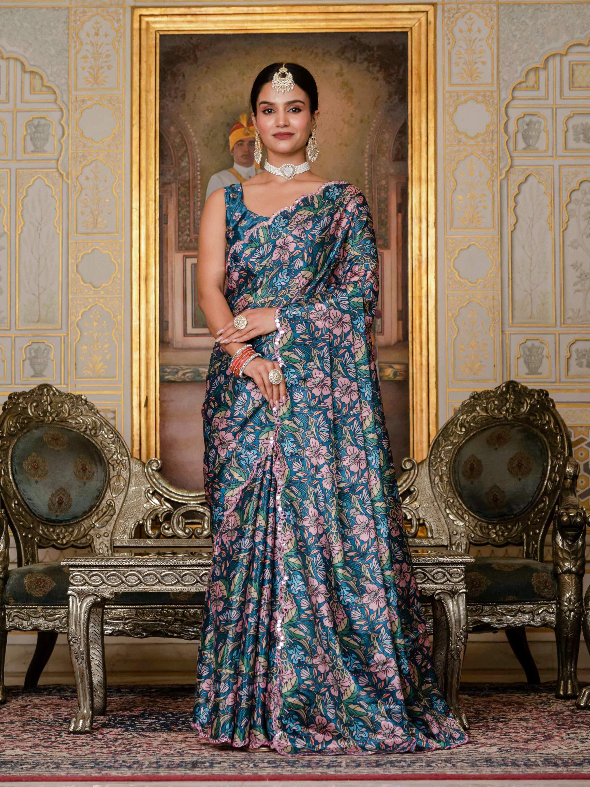 Women's Morpich Chinon Digital Print Saree with Mirror Work Blouse