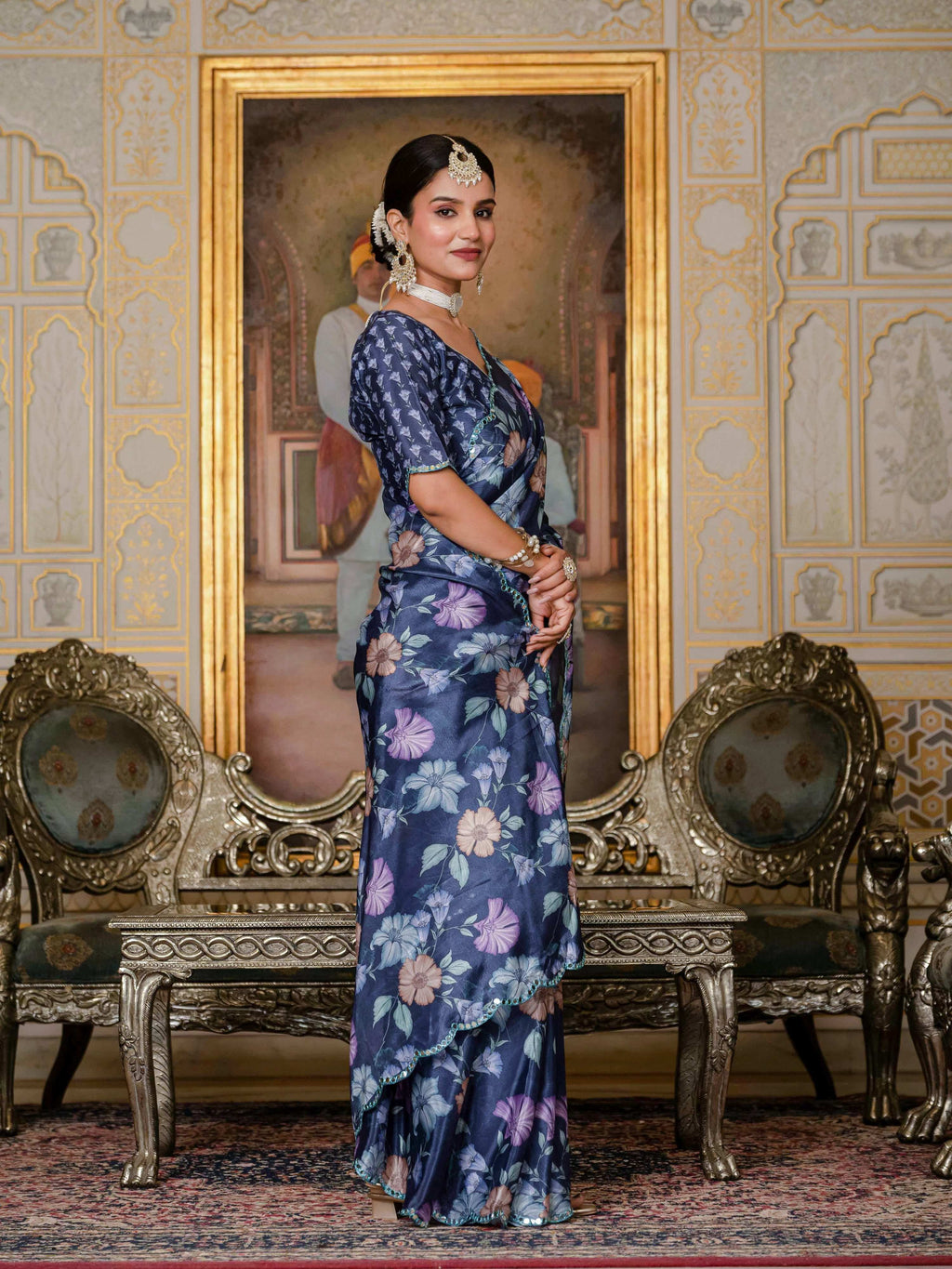 Navy Blue Chinon Digital Print Saree with Mirror Work