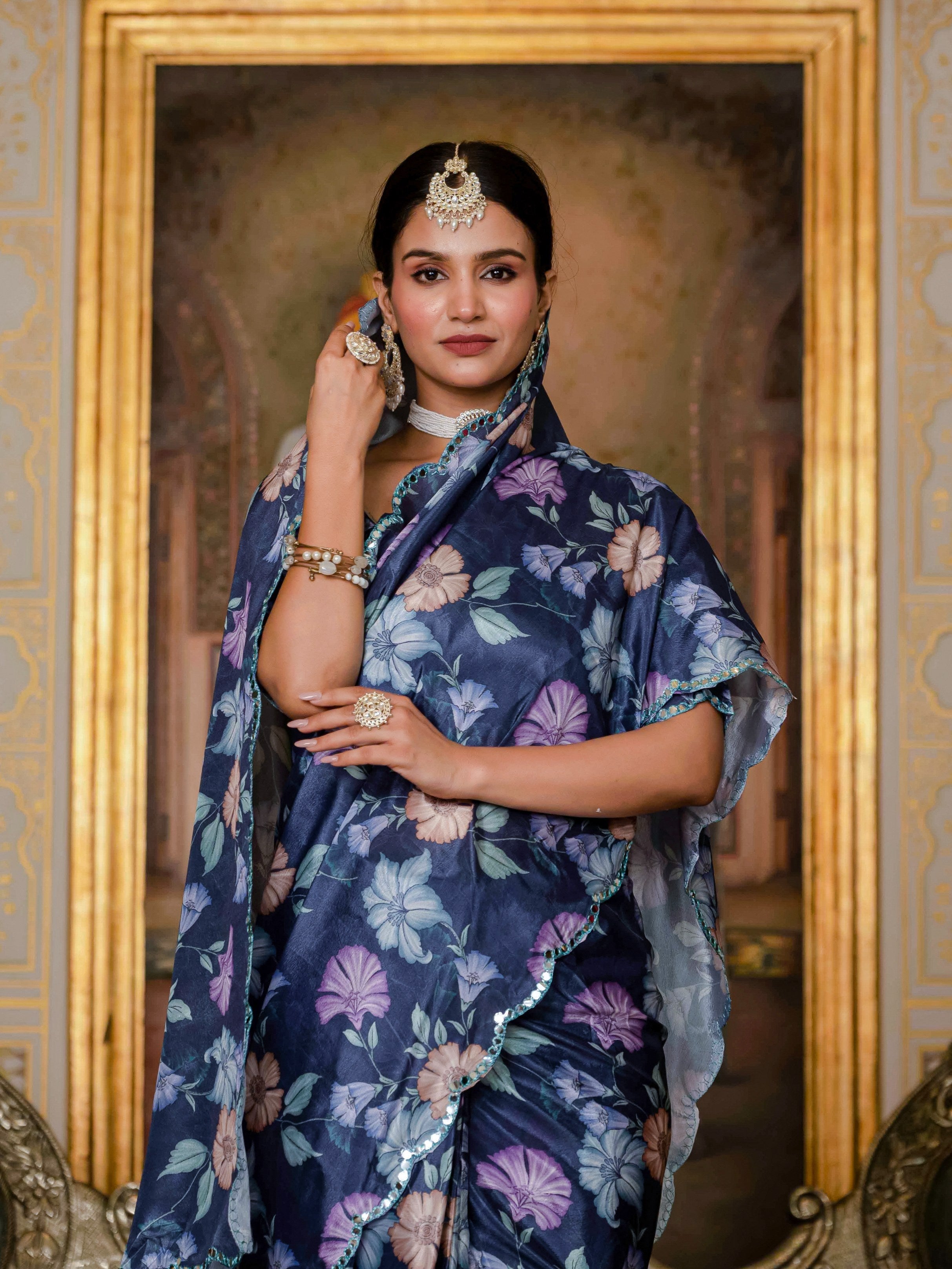 Navy Blue Chinon Digital Print Saree with Mirror Work