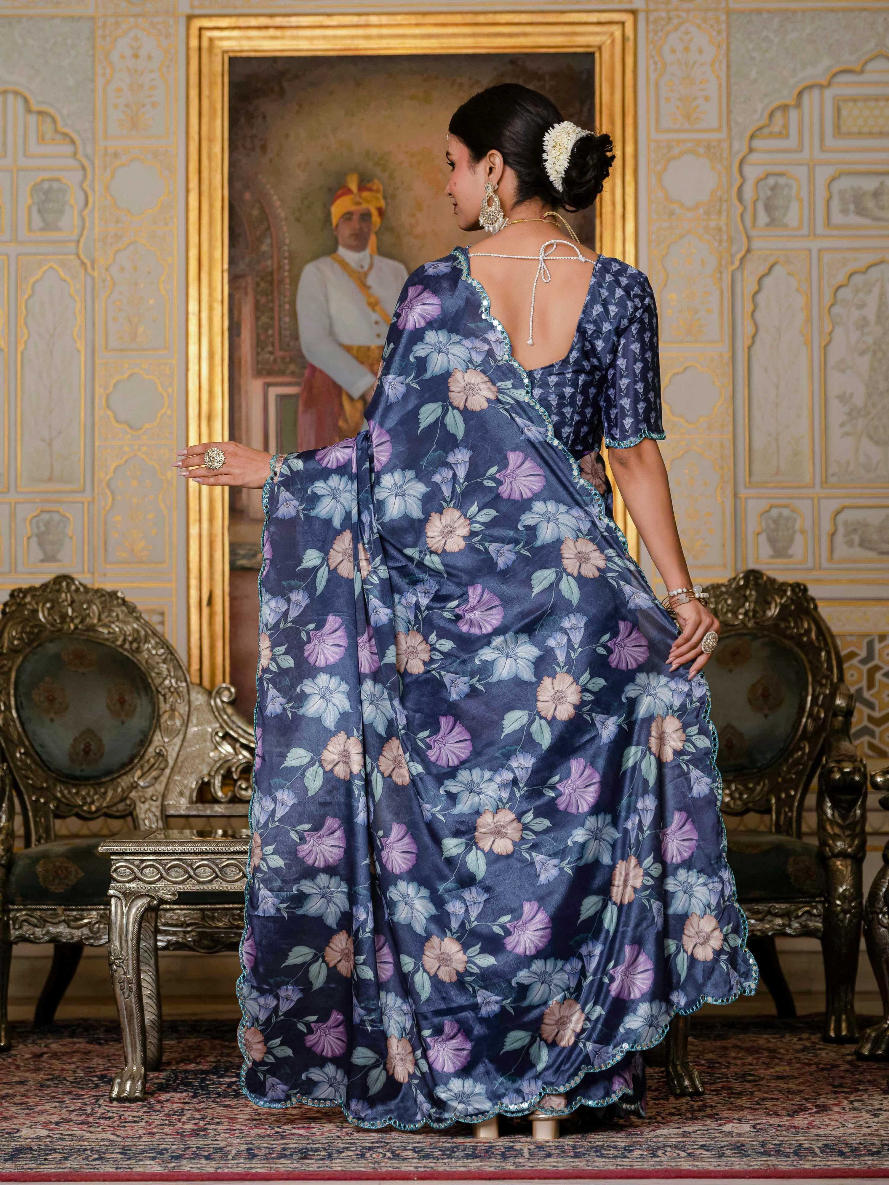 Navy Blue Chinon Digital Print Saree with Mirror Work