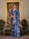 Navy Blue Chinon Digital Print Saree with Mirror Work