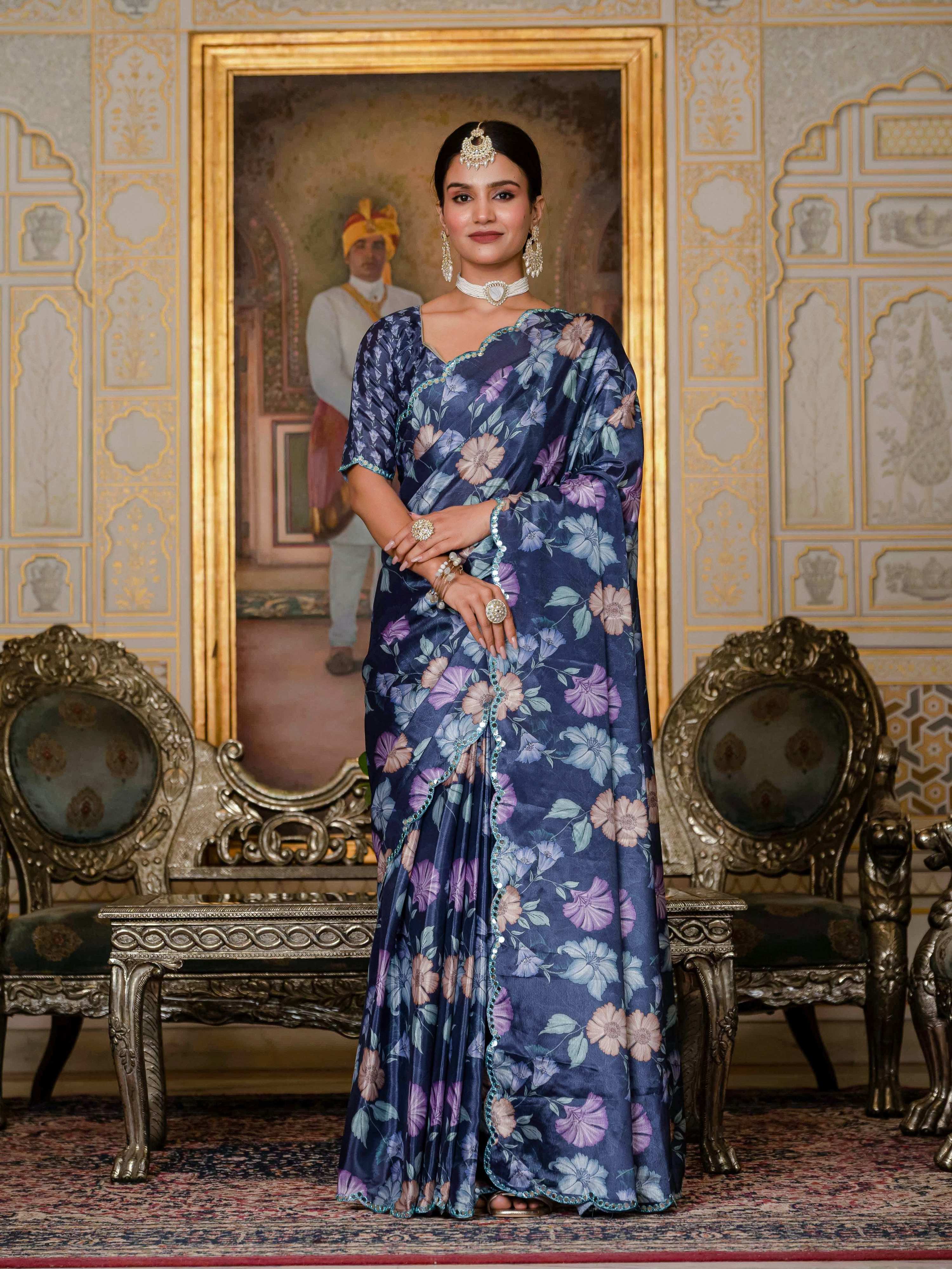 Navy Blue Chinon Digital Print Saree with Mirror Work