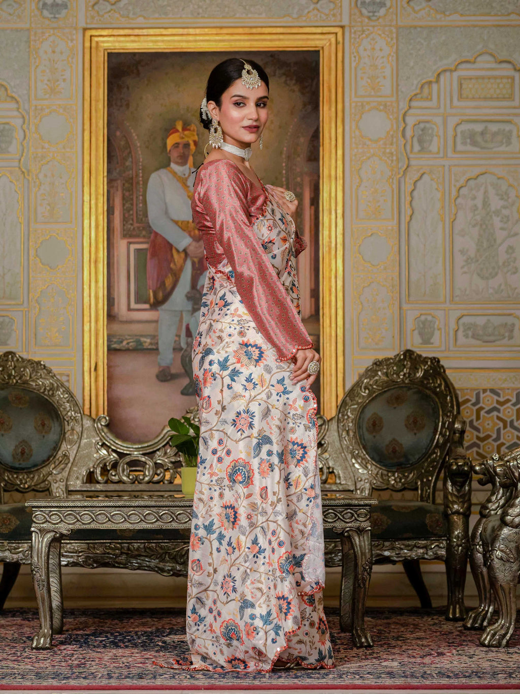 Multicolor Chinon Digital Print Saree with Mirror Work and Blouse