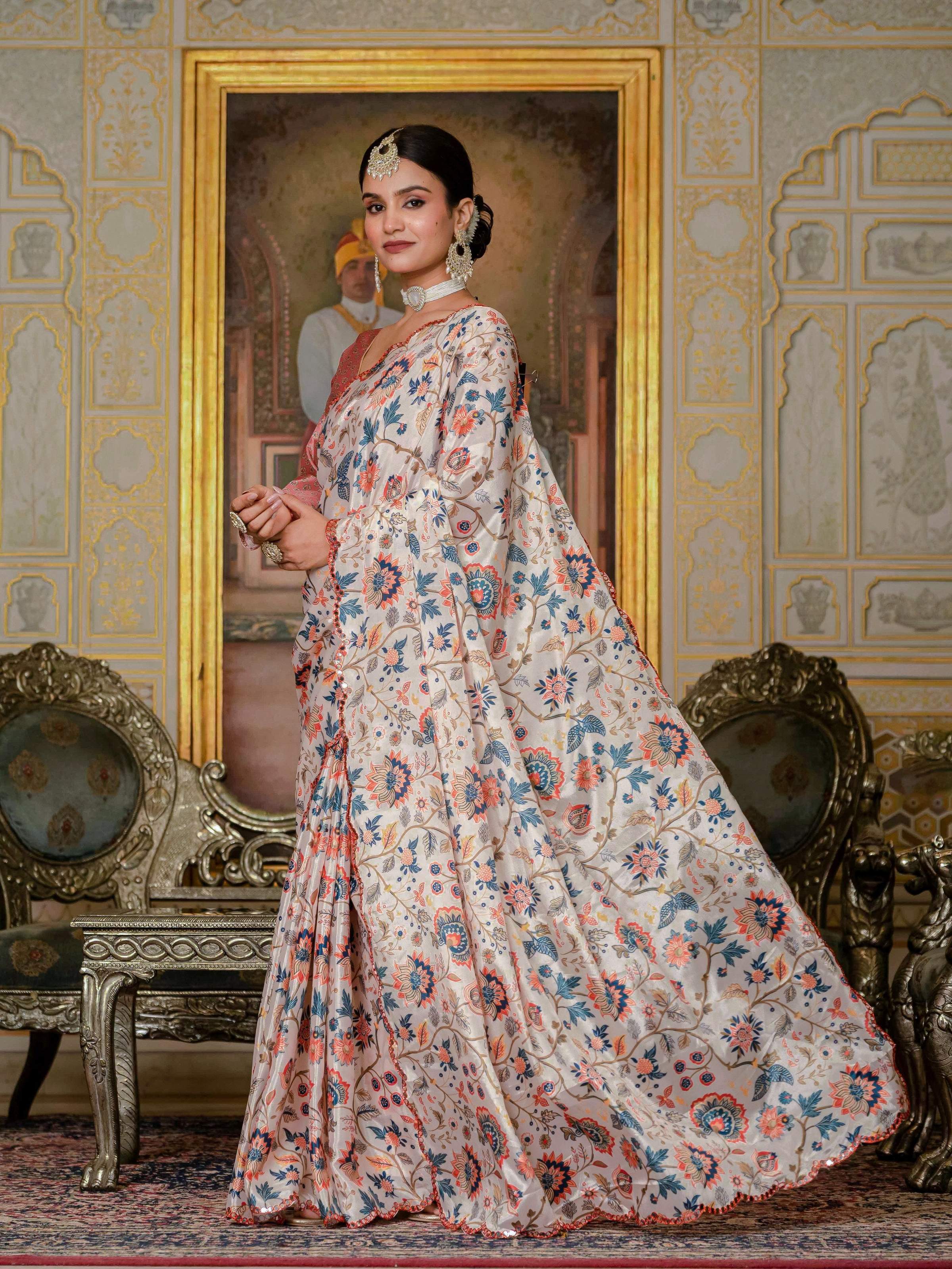 Multicolor Chinon Digital Print Saree with Mirror Work and Blouse