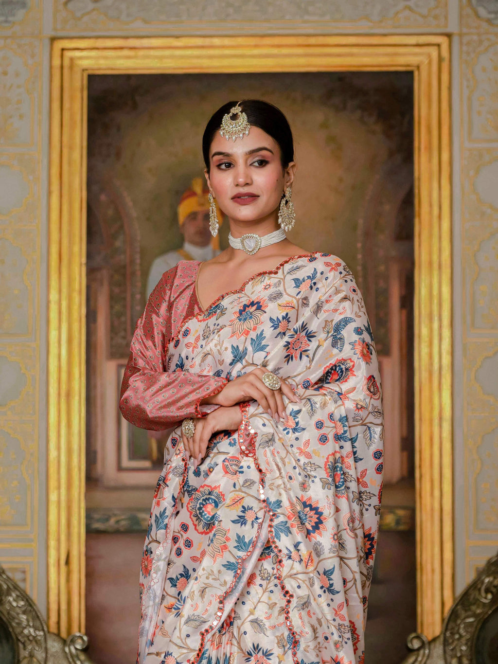 Multicolor Chinon Digital Print Saree with Mirror Work and Blouse