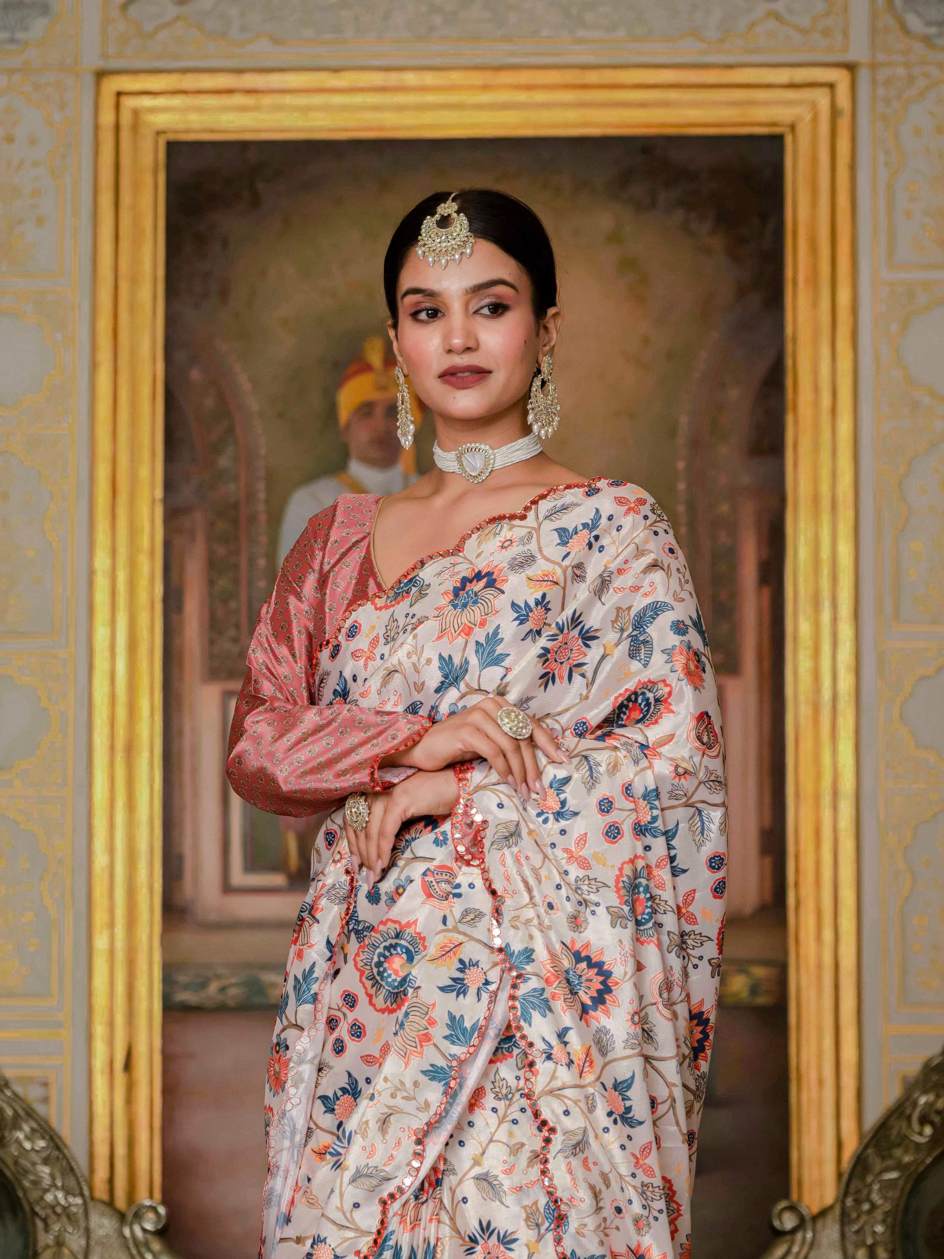 Multicolor Chinon Digital Print Saree with Mirror Work and Blouse