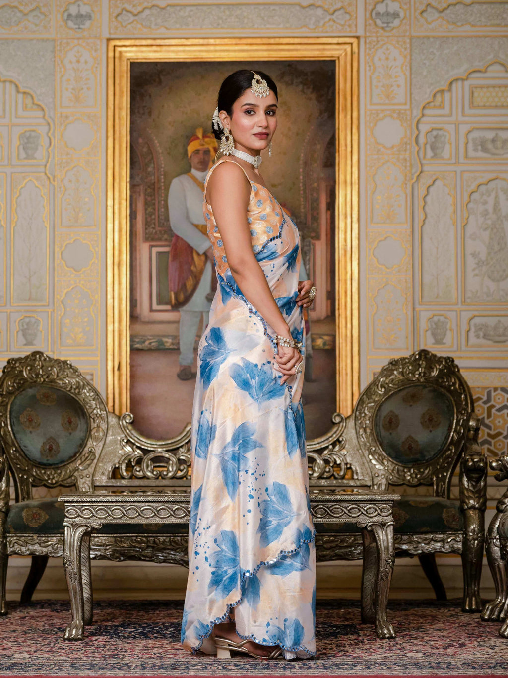 Blue Chinon Digital Print Saree with Mirror Work and Blouse