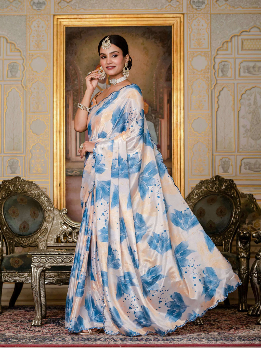 Blue Chinon Digital Print Saree with Mirror Work and Blouse