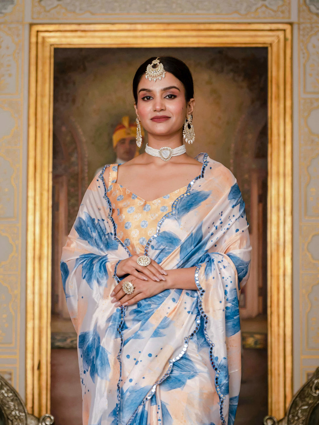 Blue Chinon Digital Print Saree with Mirror Work and Blouse