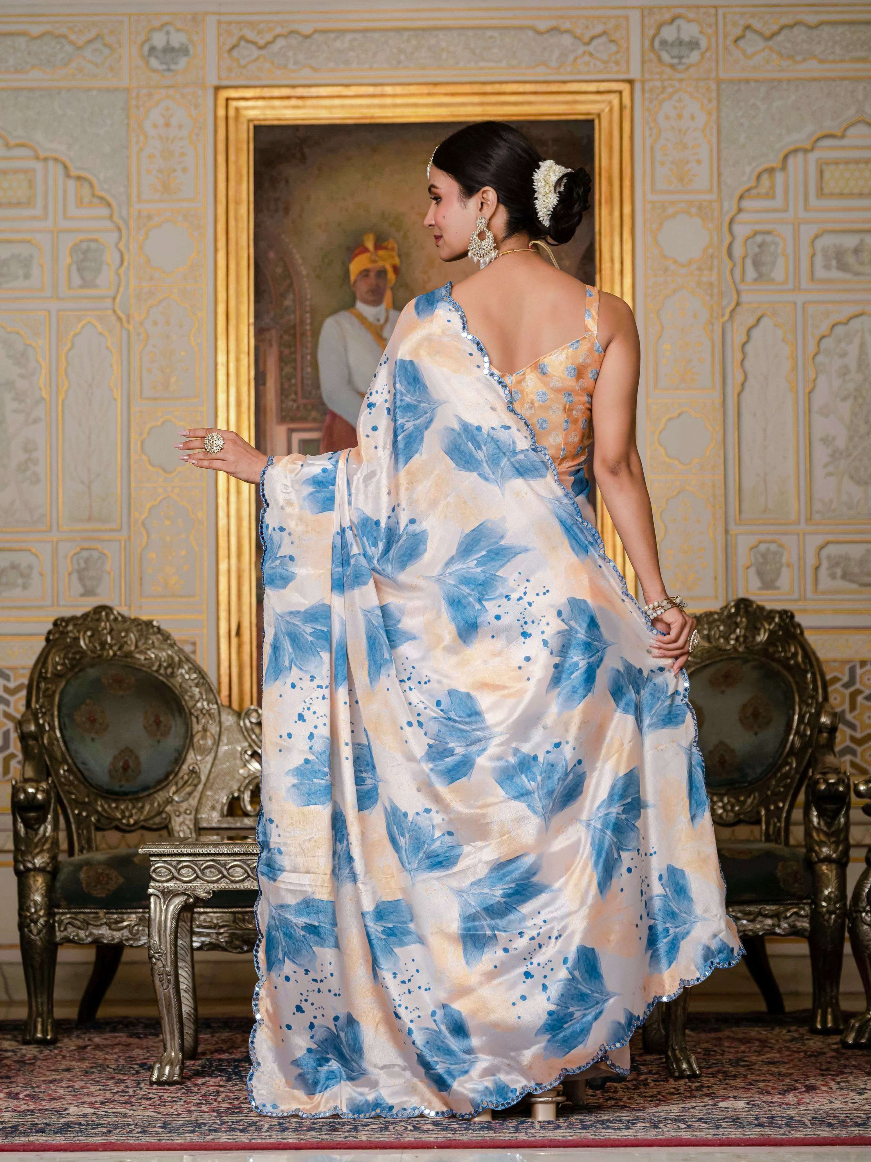 Blue Chinon Digital Print Saree with Mirror Work and Blouse