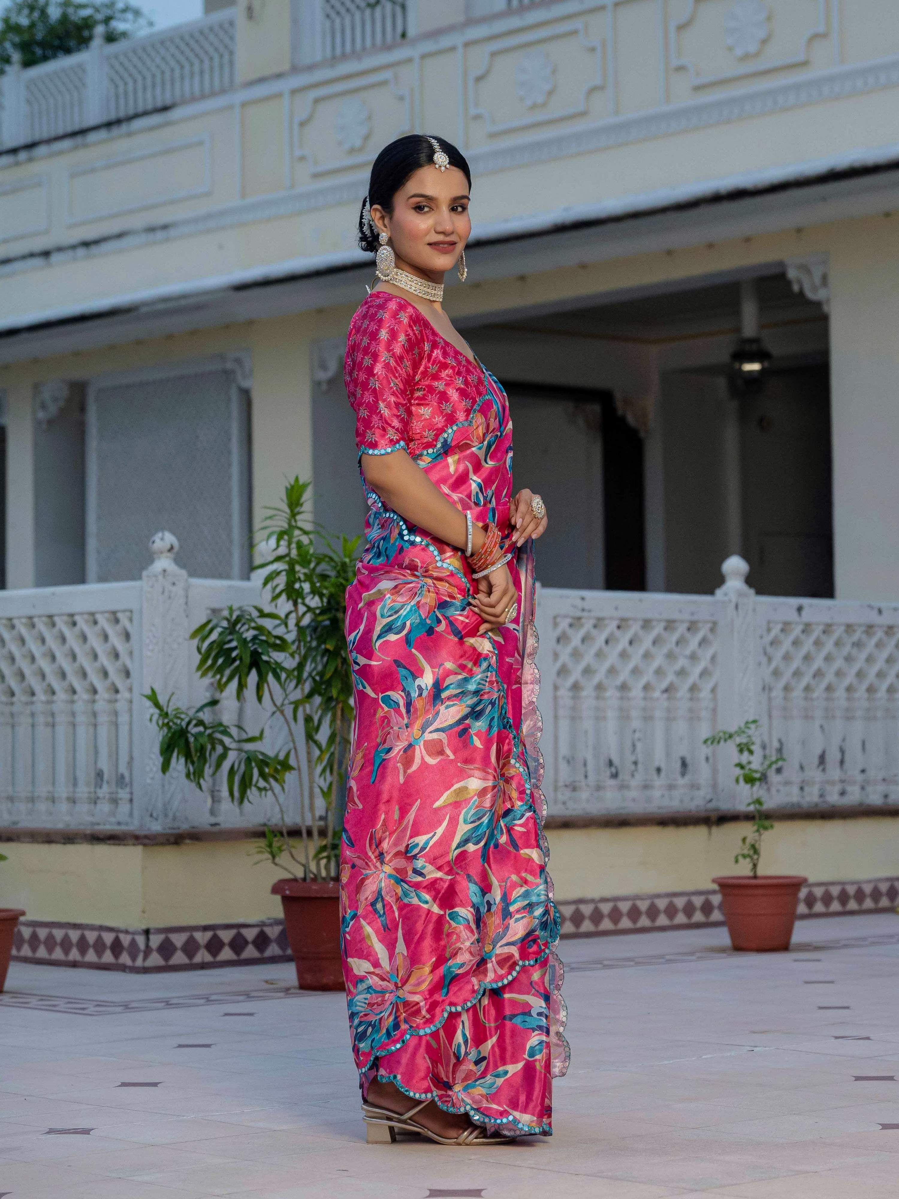 Rani Pink Chinon Digital Print Saree with Mirror Work