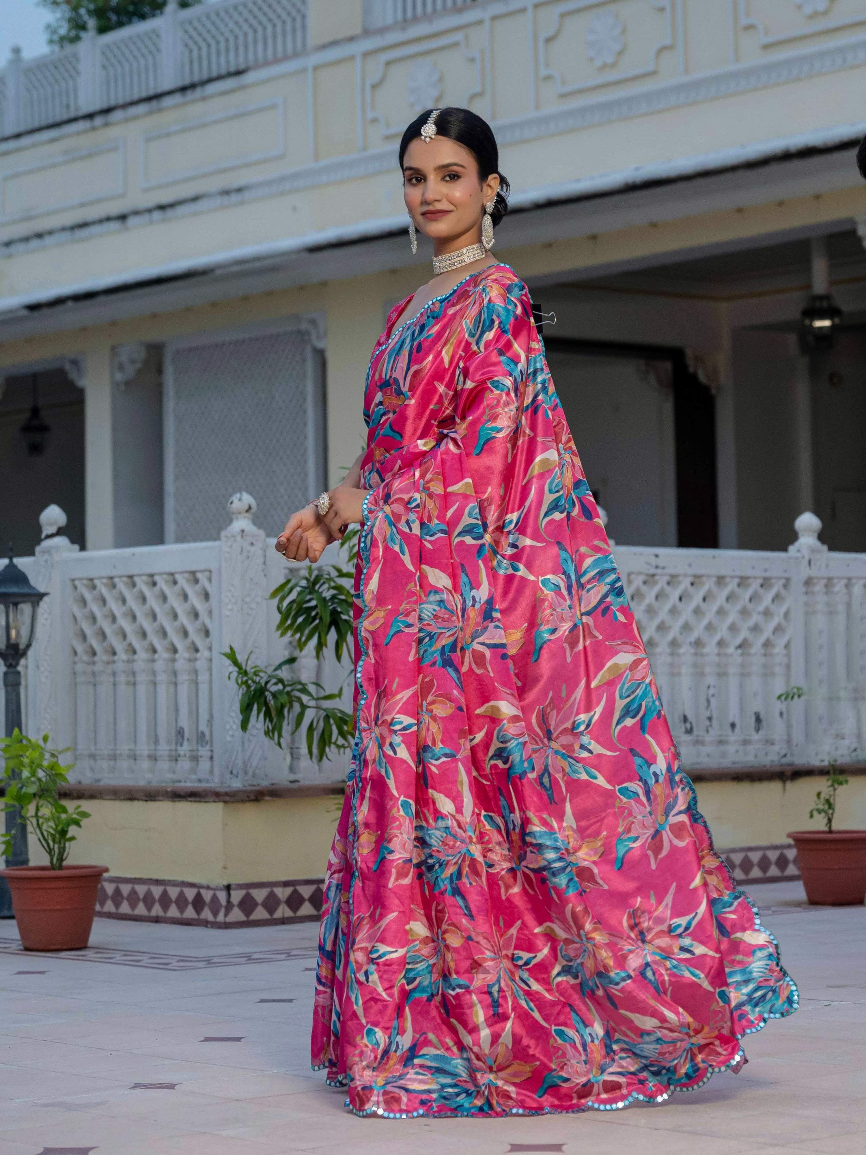 Rani Pink Chinon Digital Print Saree with Mirror Work